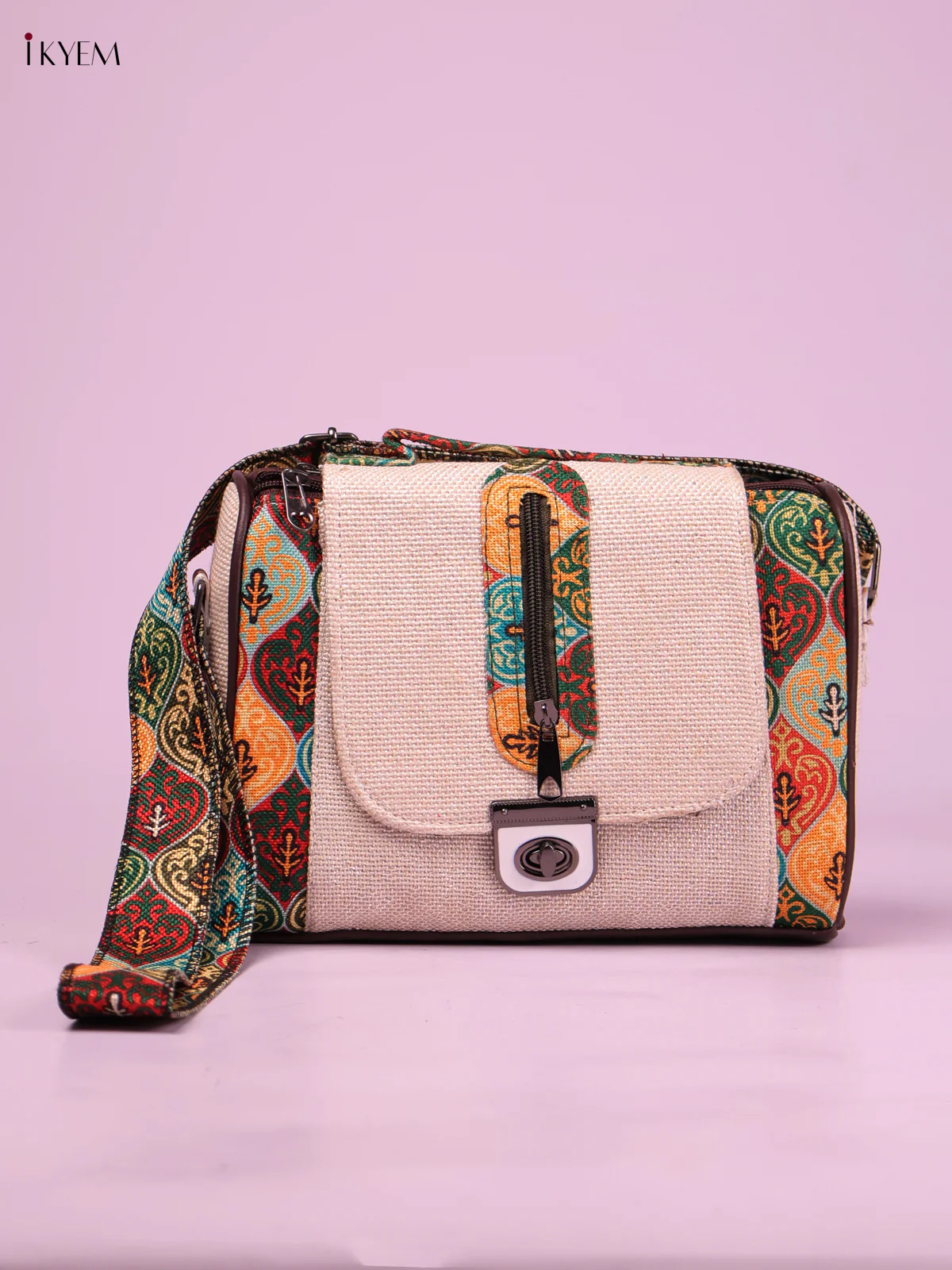 Printed Sling Bag -Cream&Multicolur-KEG02106