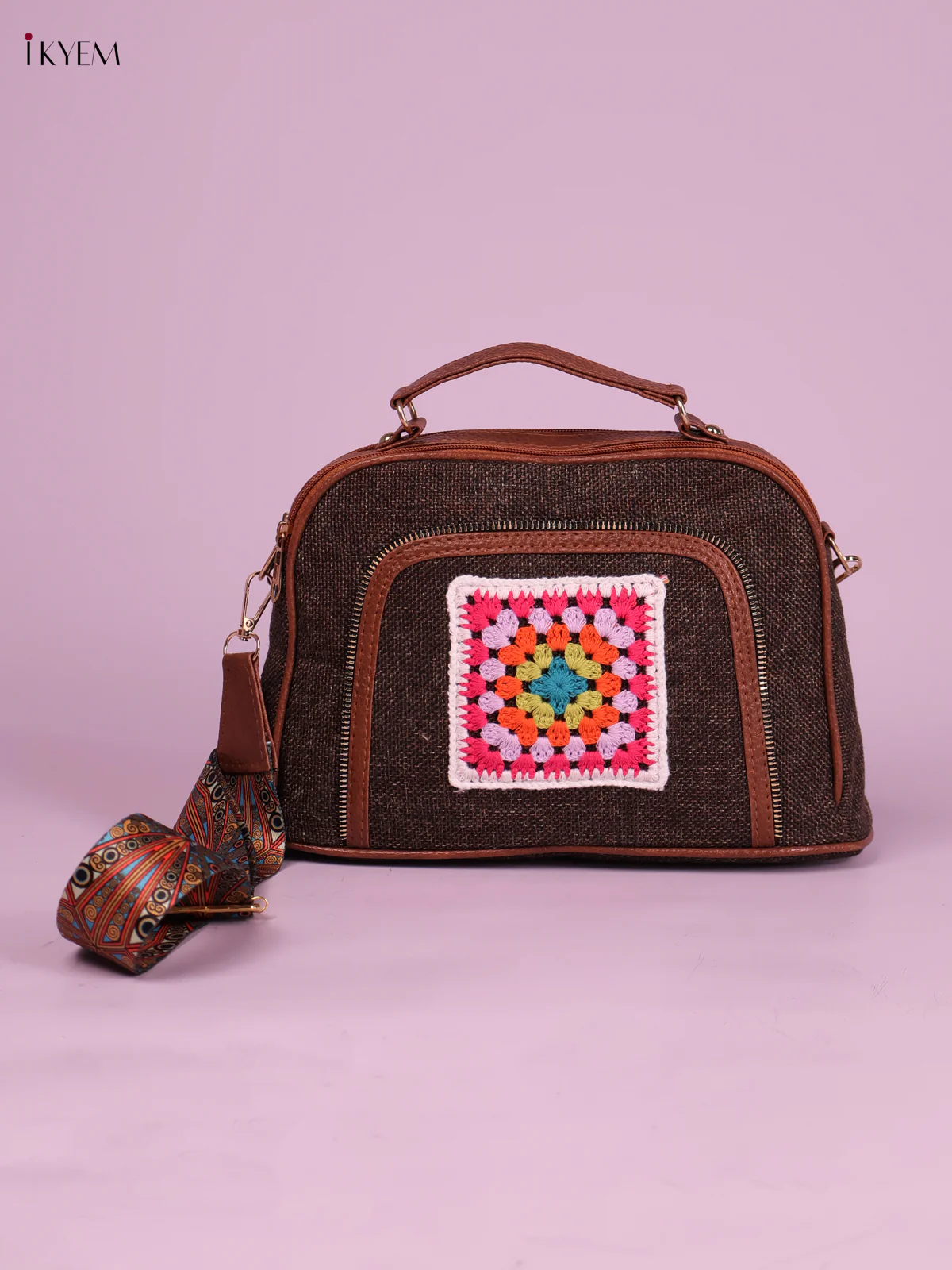 Printed Sling Bag -Brown&Pink-KEG02119