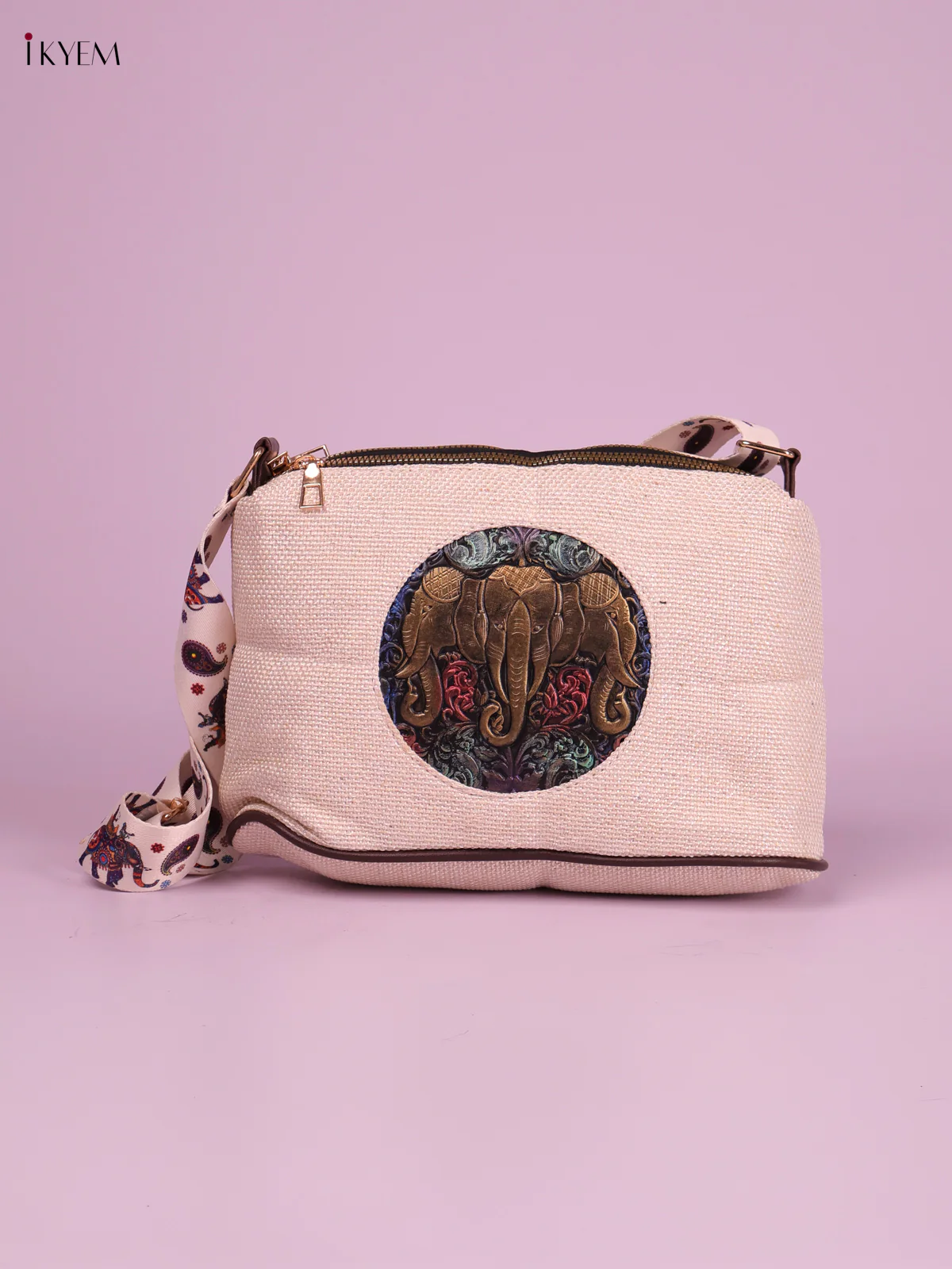 Elephant Printed Sling Bag -Cream-KEG02186