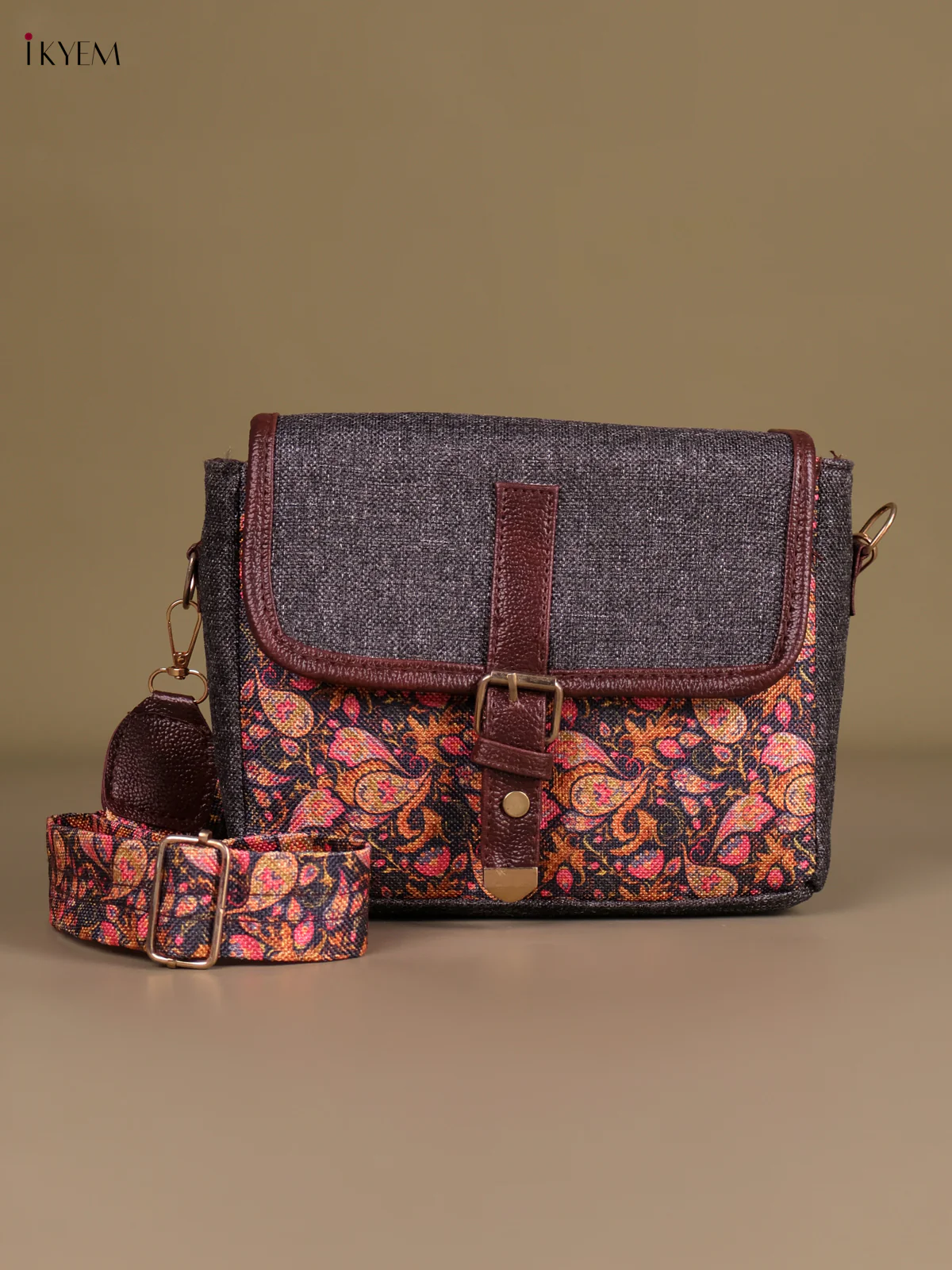 Floral Printed Sling Bag- Deep Grey & Pink-KEG04059