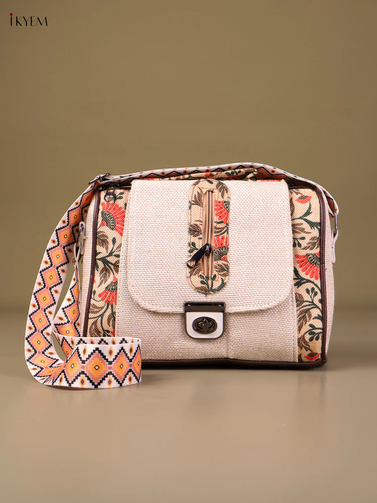 Printed Sling Bag - Cream & orange-KEG04070