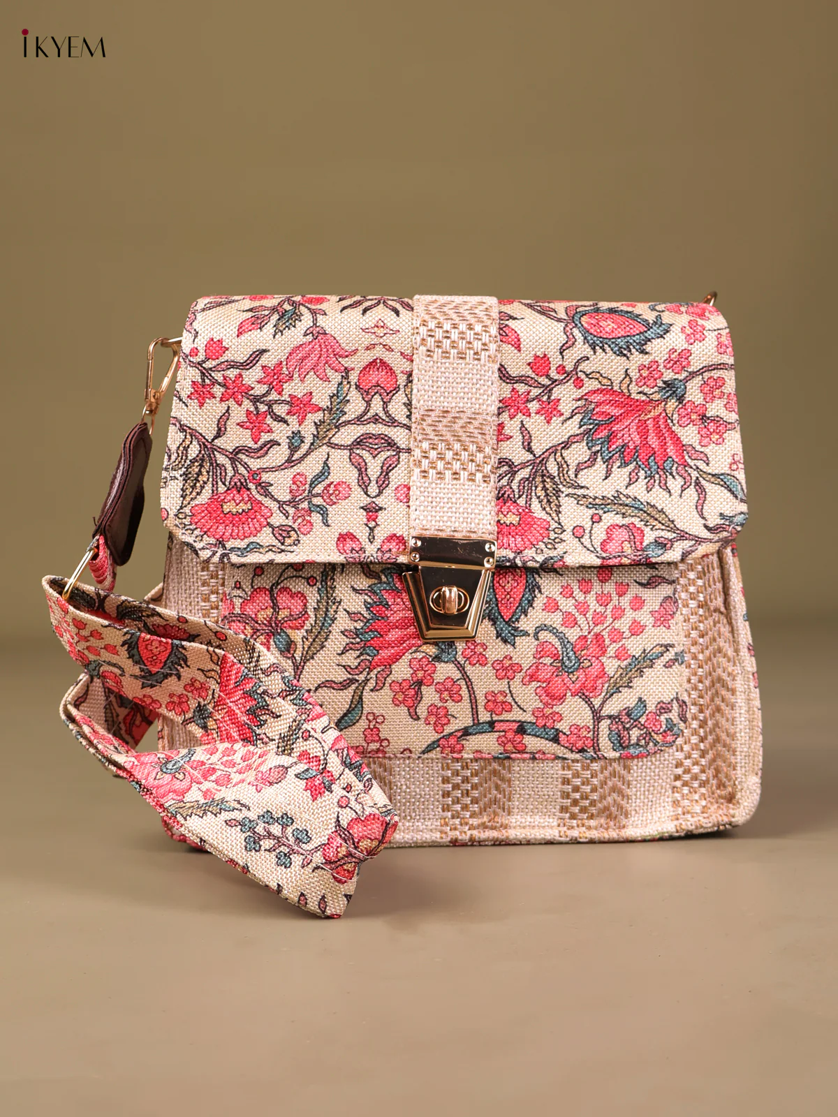 Printed Sling Bag -Cream & Pink-KEG04072