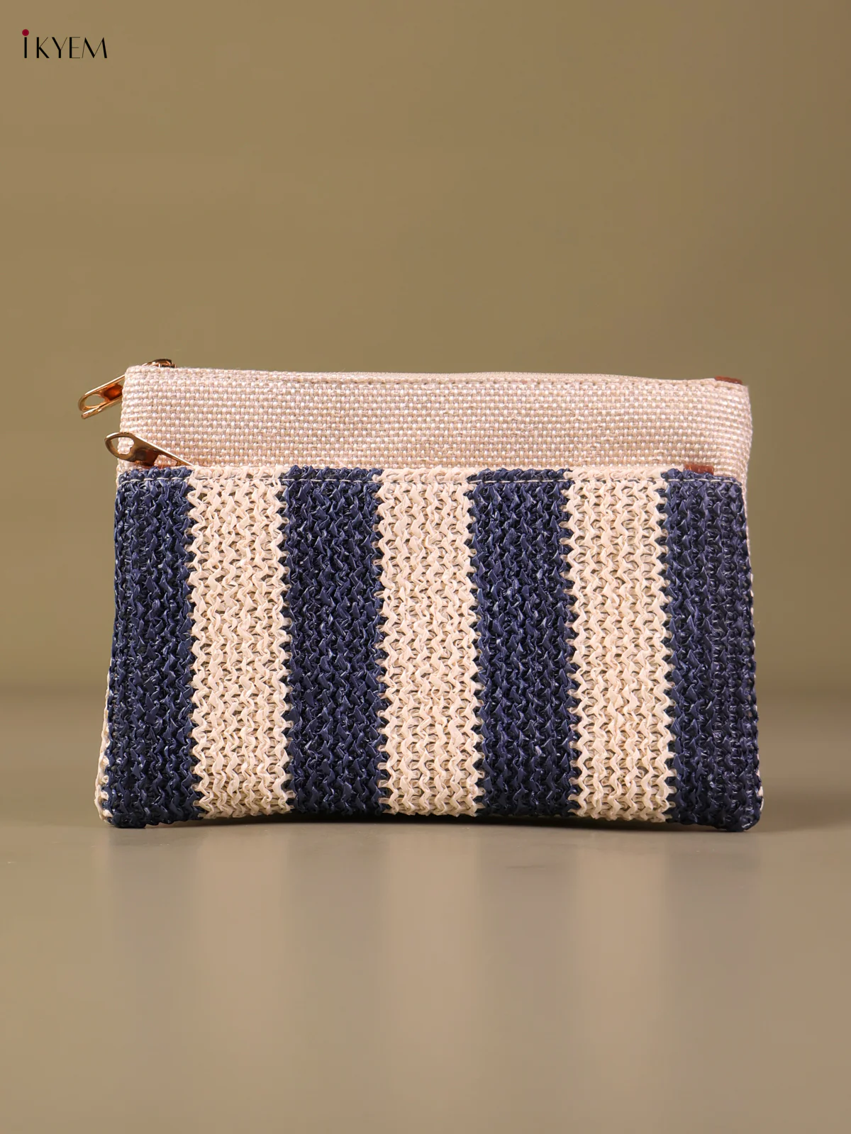 Jute Woven Zip Purse- Cream&Blue-KEG04113