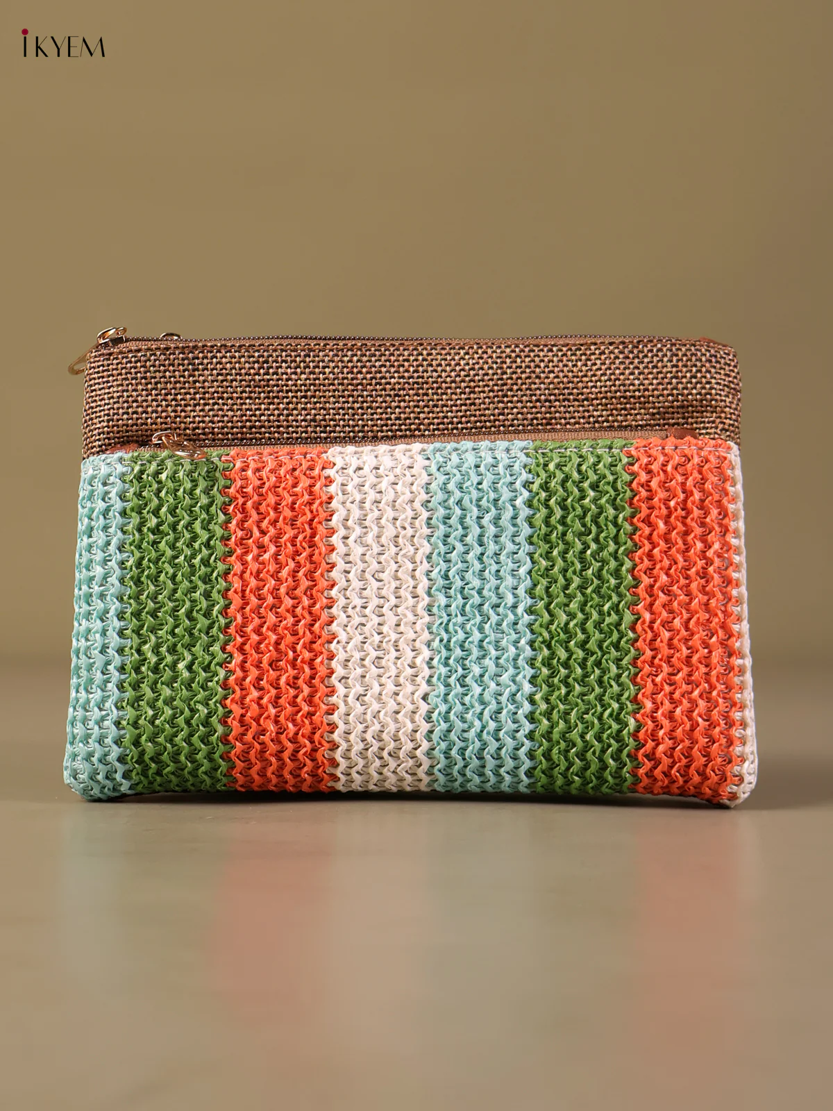 Jute Woven Zip Purse- Brown&Multi Color-KEG04114