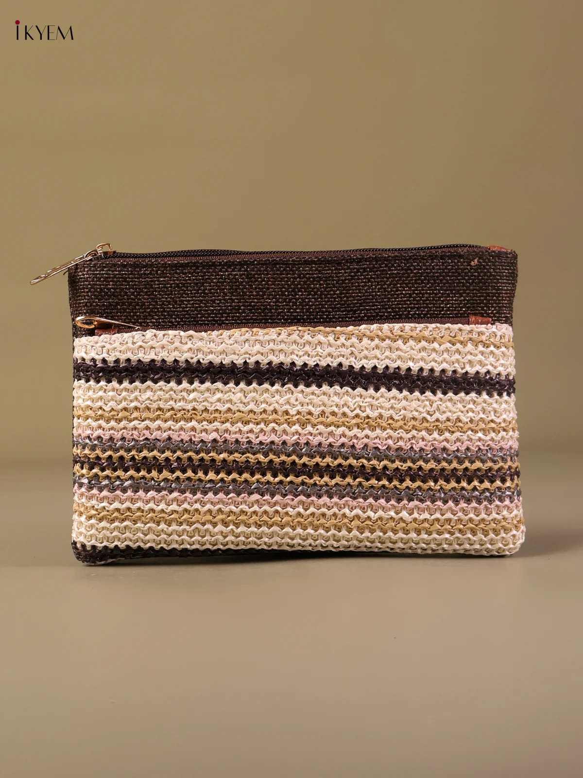 Jute Woven Zip Purse- Brown& Multi Color-KEG04121