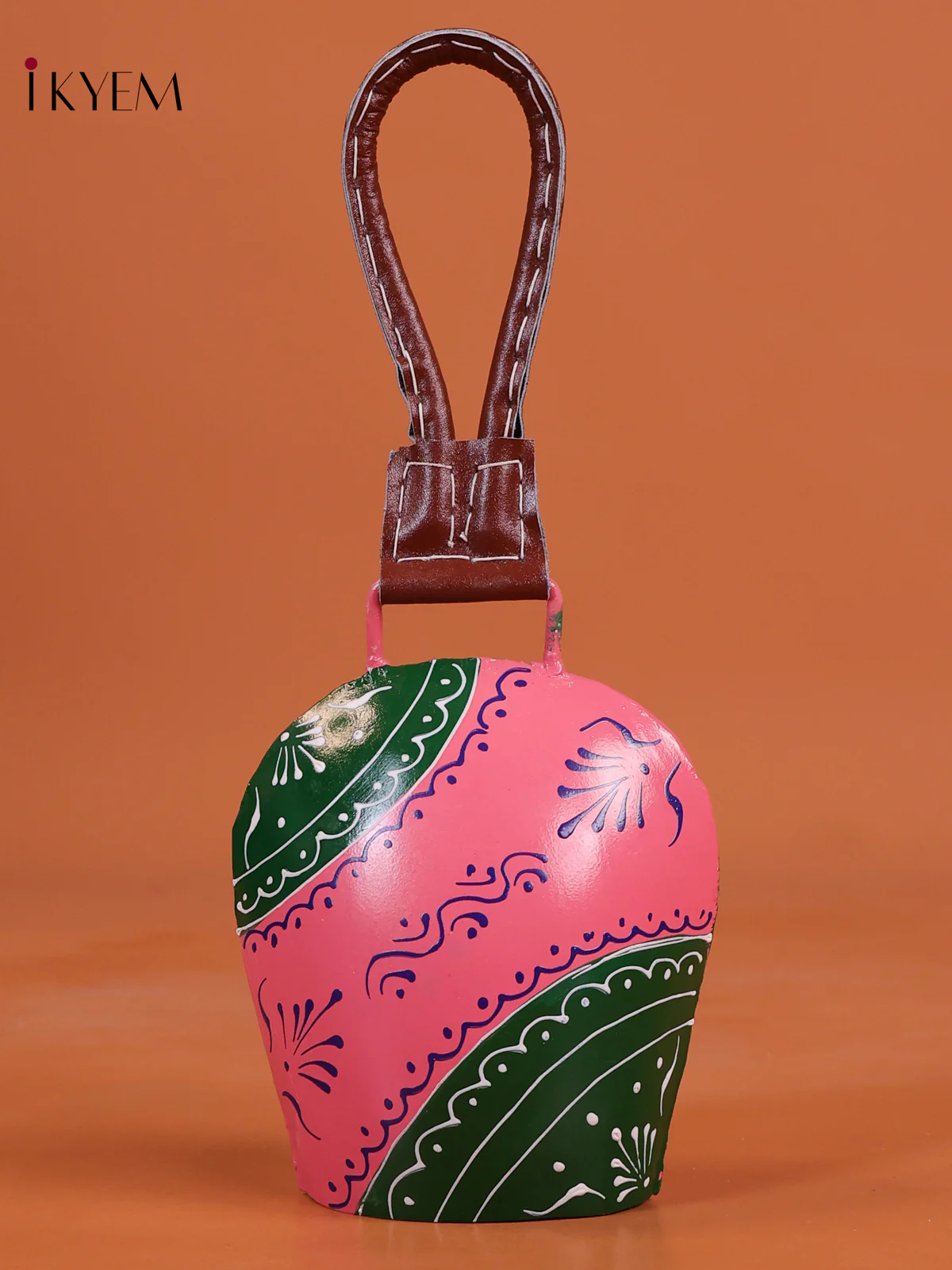 Hand Painted Cow Bell With Leather Handle- Baby Pink-KEG13017