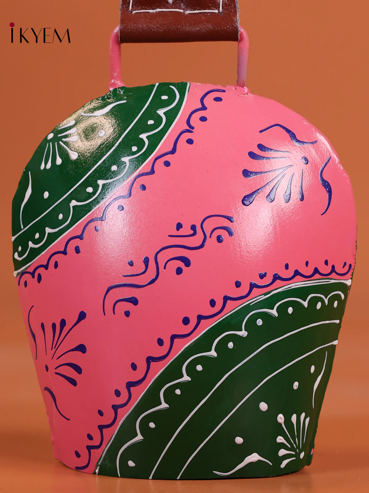Hand Painted Cow Bell With Leather Handle- Baby Pink-KEG13017 - Image 3