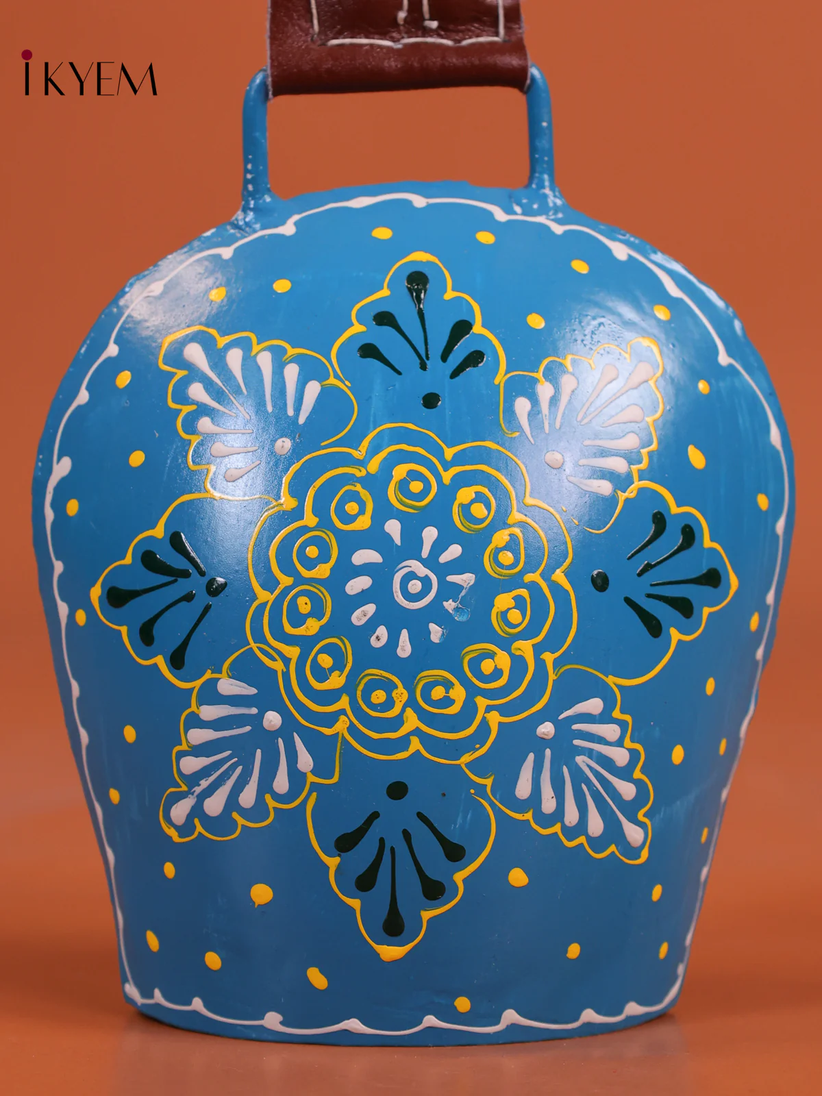 Hand Painted Cow Bell With Leather Handle- Sky Blue-KEG13018 - Image 3