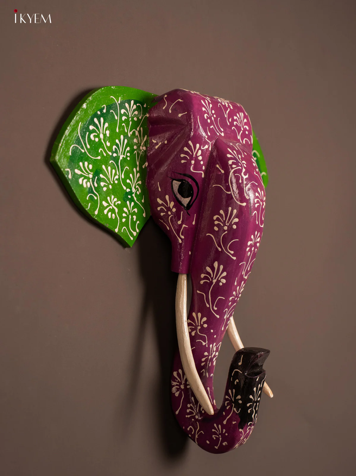 wooden hand painted elephant Head - Violet with Green - Image 2