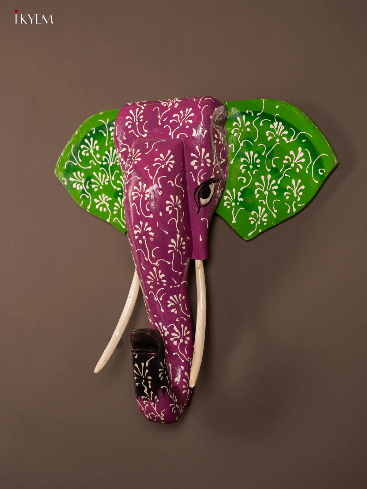 wooden hand painted elephant Head - Violet with Green - Image 3