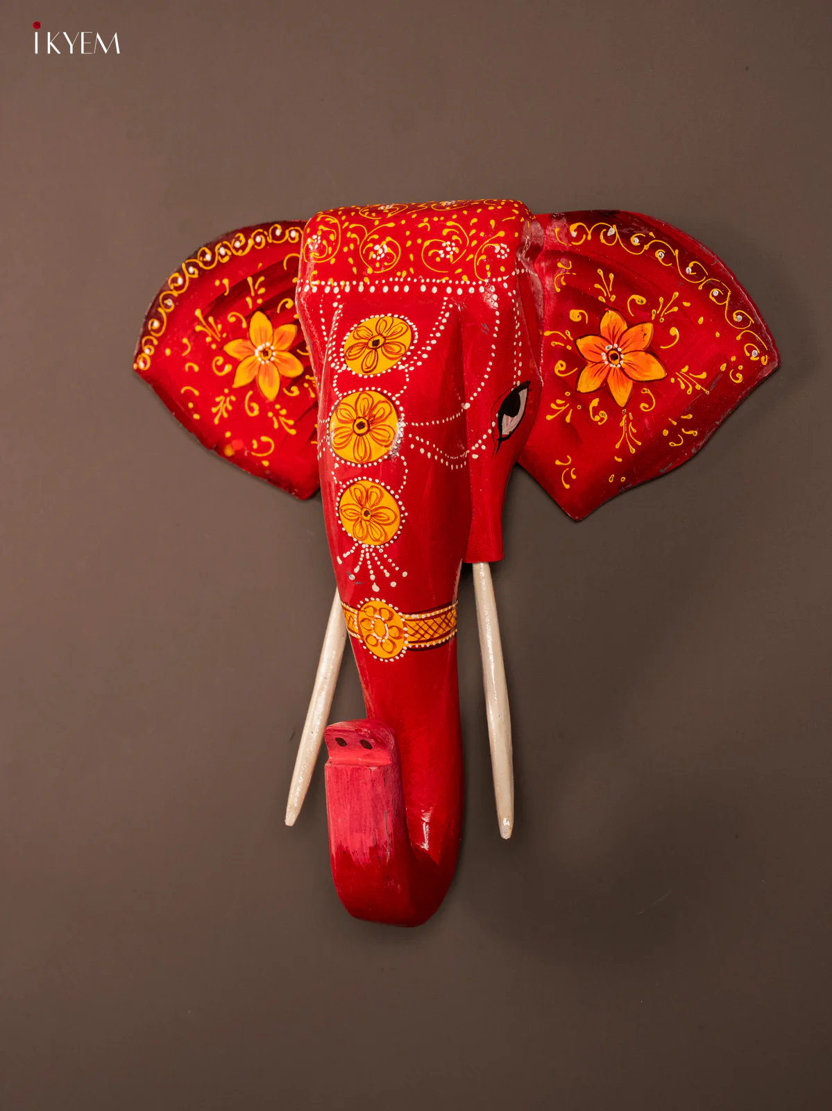 wooden hand painted elephant Head - Red - Image 3