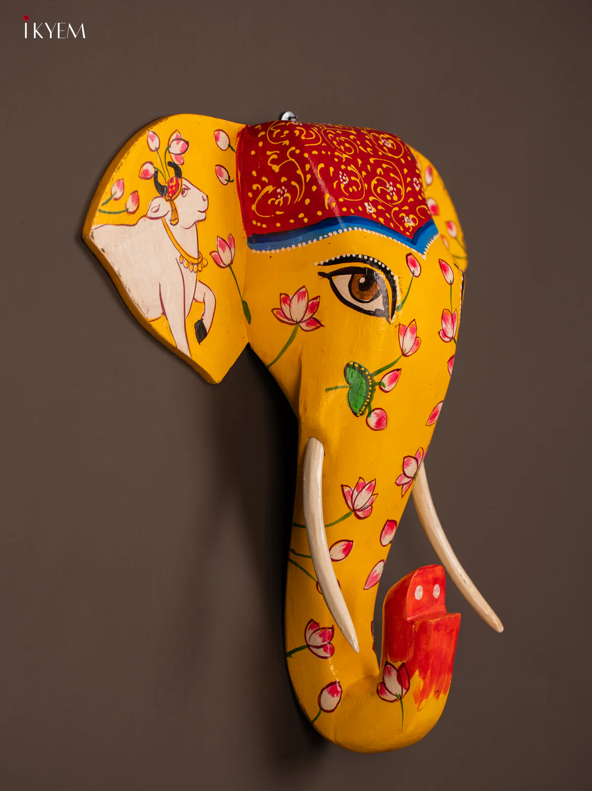 wooden hand painted elephant Head pichwai - Yellow with Red - KF03135 - Image 2