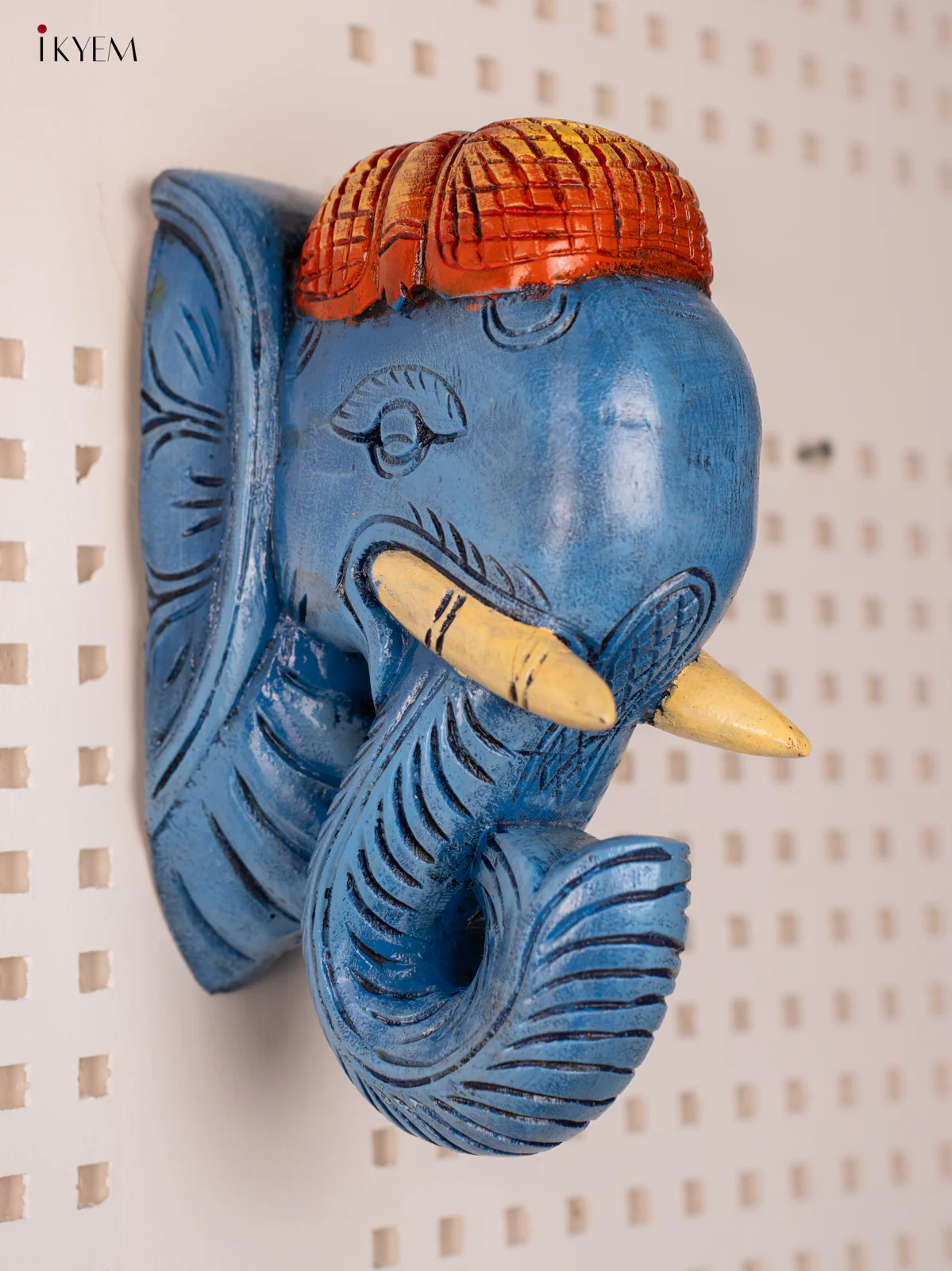 Wooden Hand Painted Carved Elephant Head - Wall Bracket - set of 2 - Blue - KF03154 - Image 2