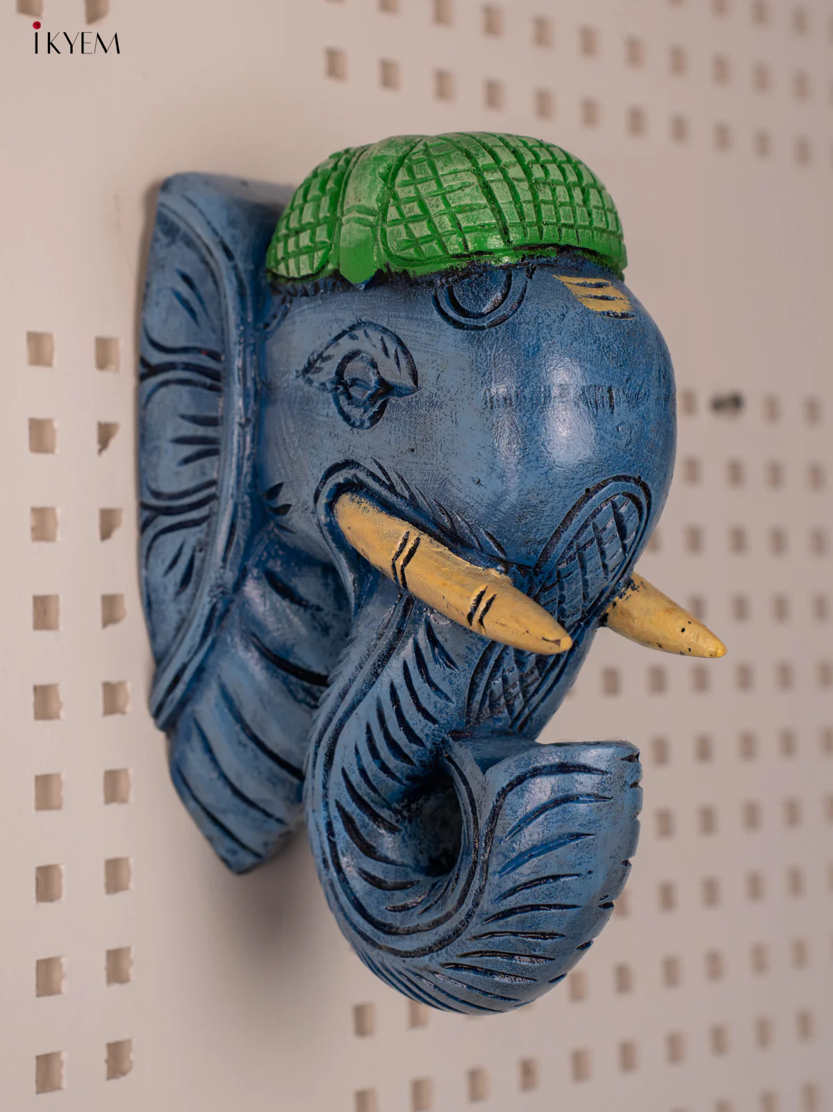 Wooden Hand Painted Carved Elephant Head - Wall Bracket - set of 2 - Blue - KF03154 - Image 6