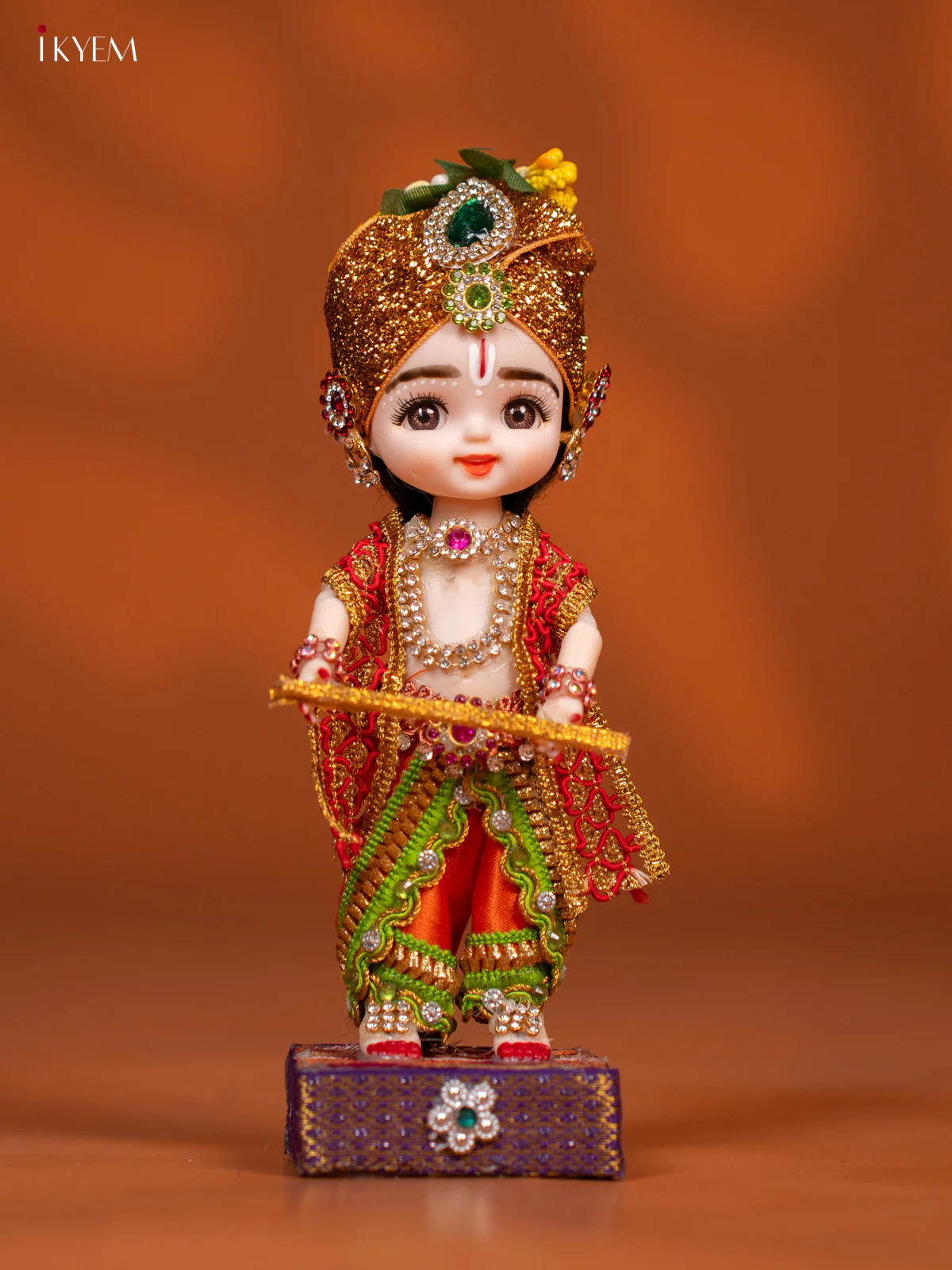 Baby Krishna with Flute - Golu Display Doll - Green & Orange - KF04148