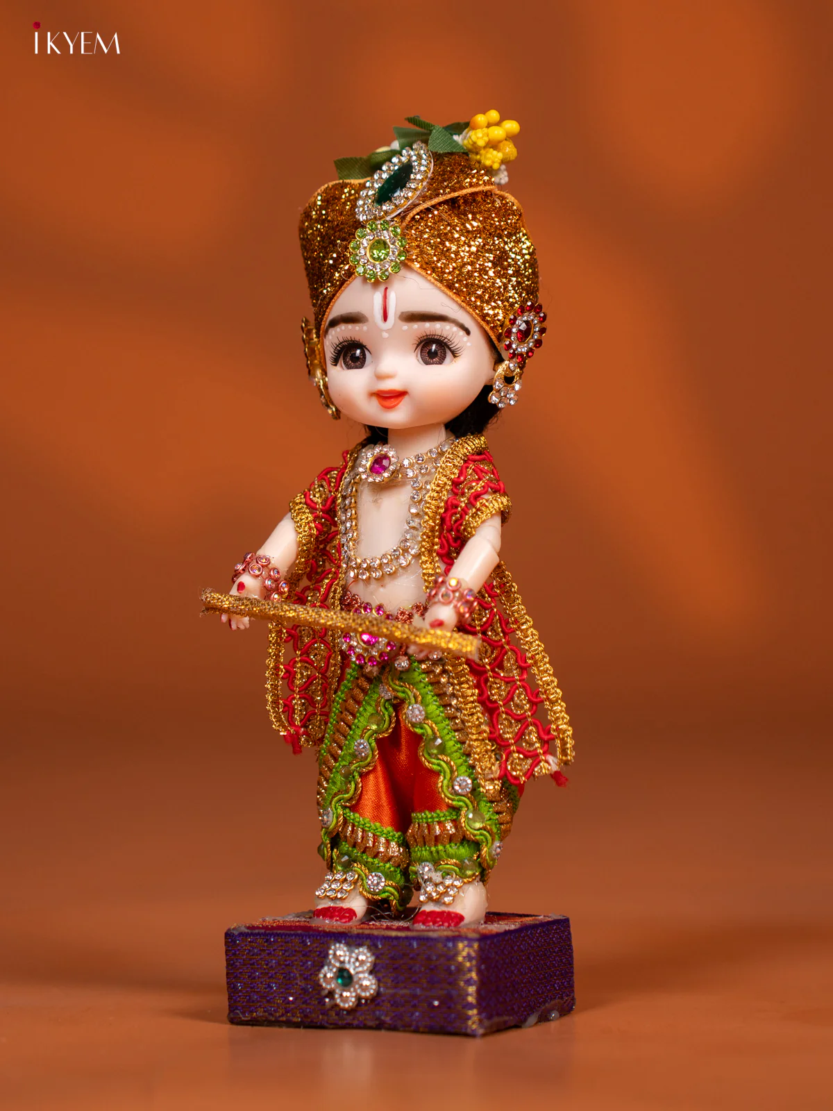Baby Krishna with Flute - Golu Display Doll - Green & Orange - KF04148 - Image 2