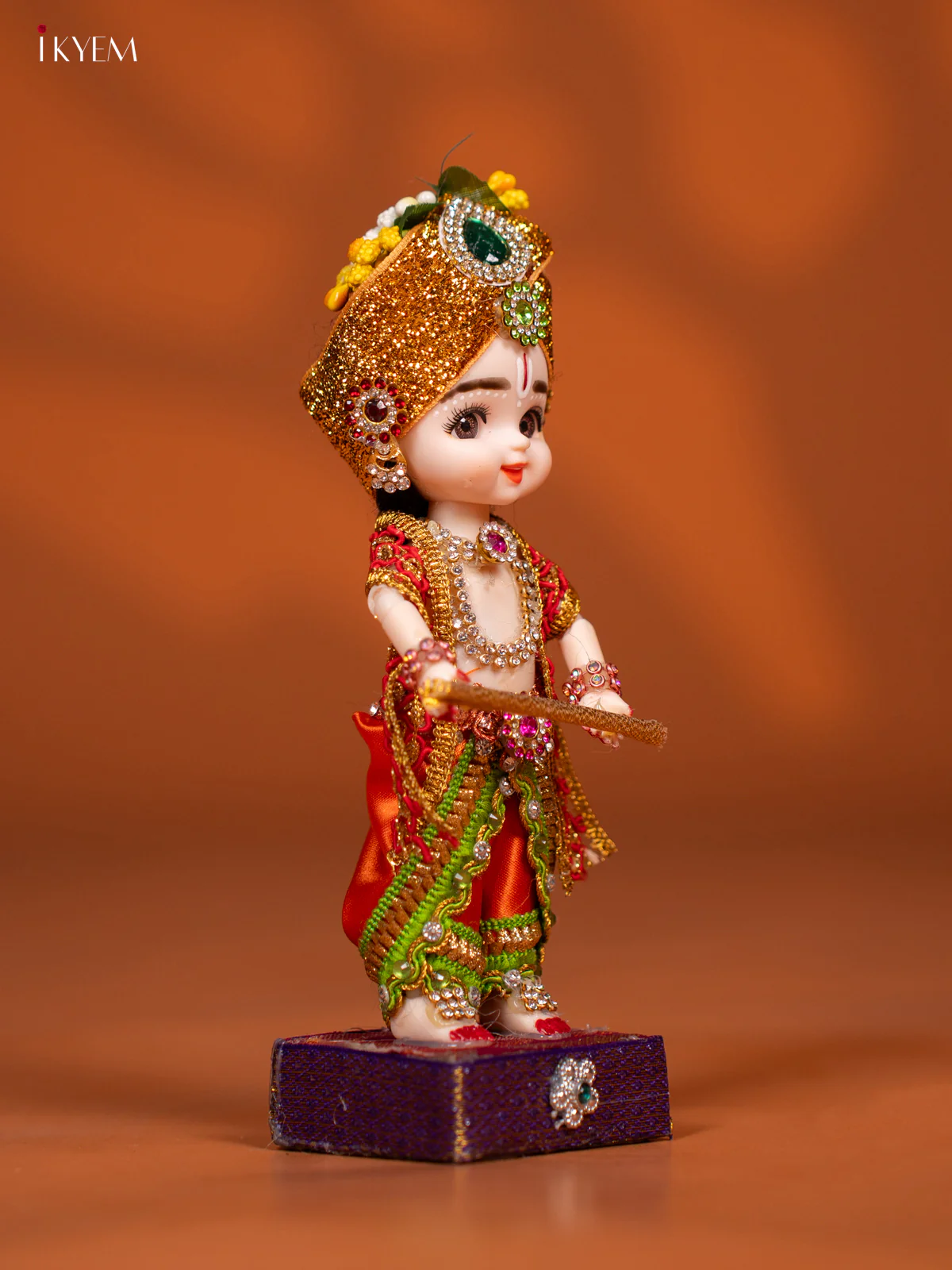 Baby Krishna with Flute - Golu Display Doll - Green & Orange - KF04148 - Image 3