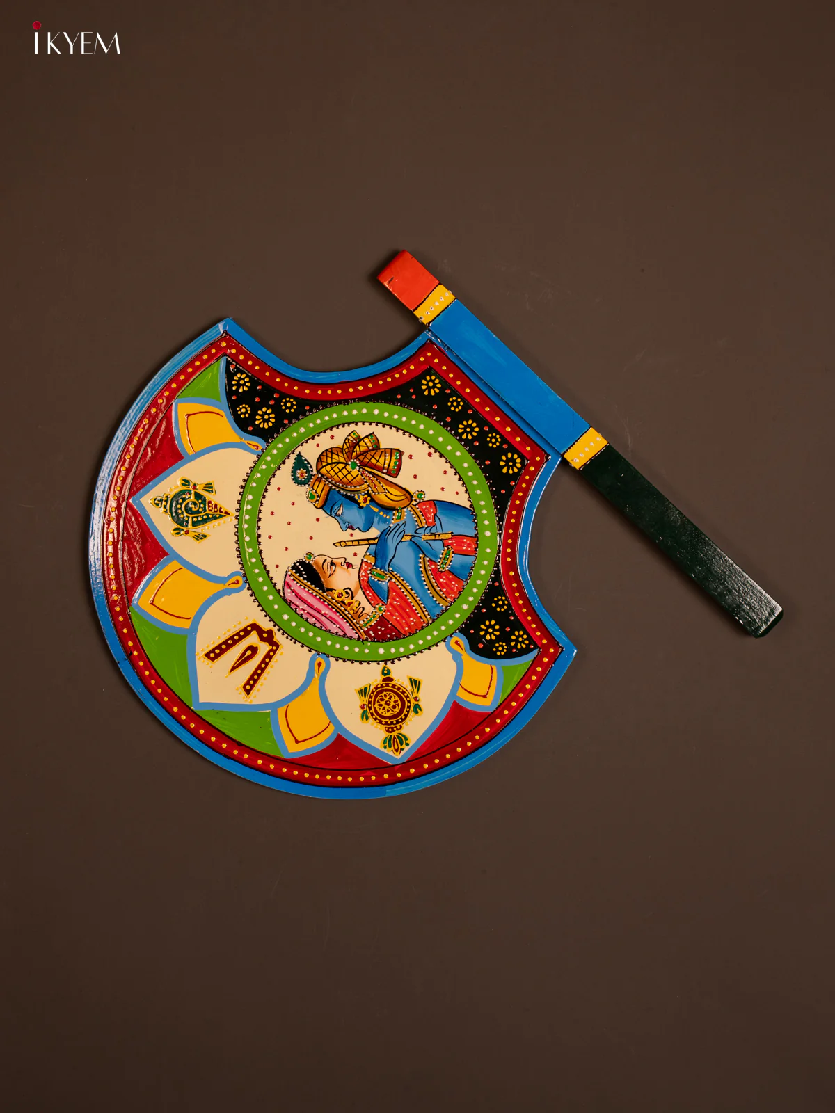Hand-Painted Wooden Radha Krishna Wall Decor Fan - 13 Inches - KF07124