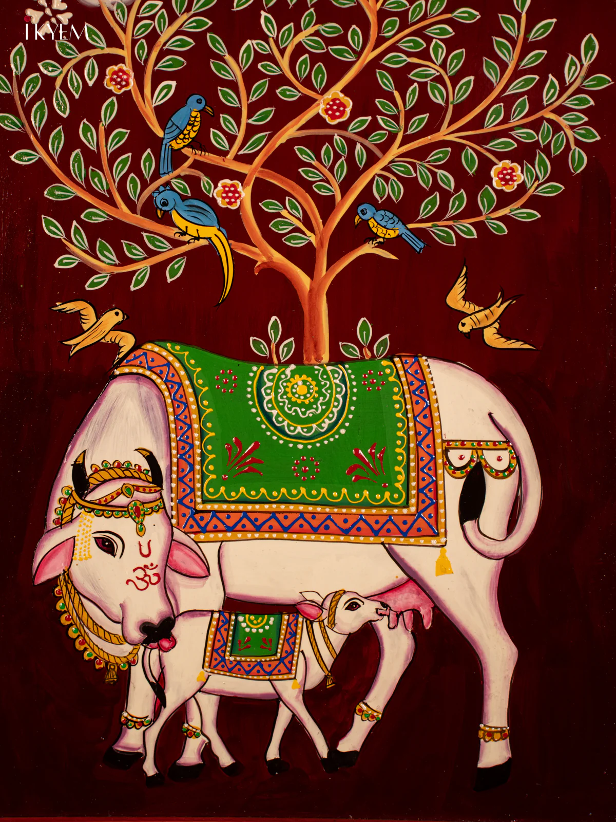 Wooden Hand Painted Wall Hanging Frame Cow & Calf - Maroon - KF07134 - Image 2