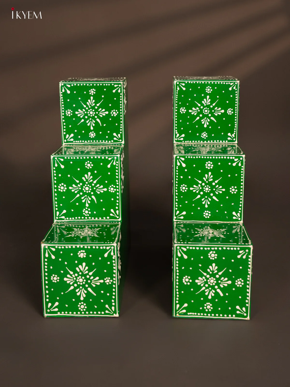 Hand Painted Wooden 3- Step Diya Padi- (Set of 2) - Green - 12 Inches - KF11183