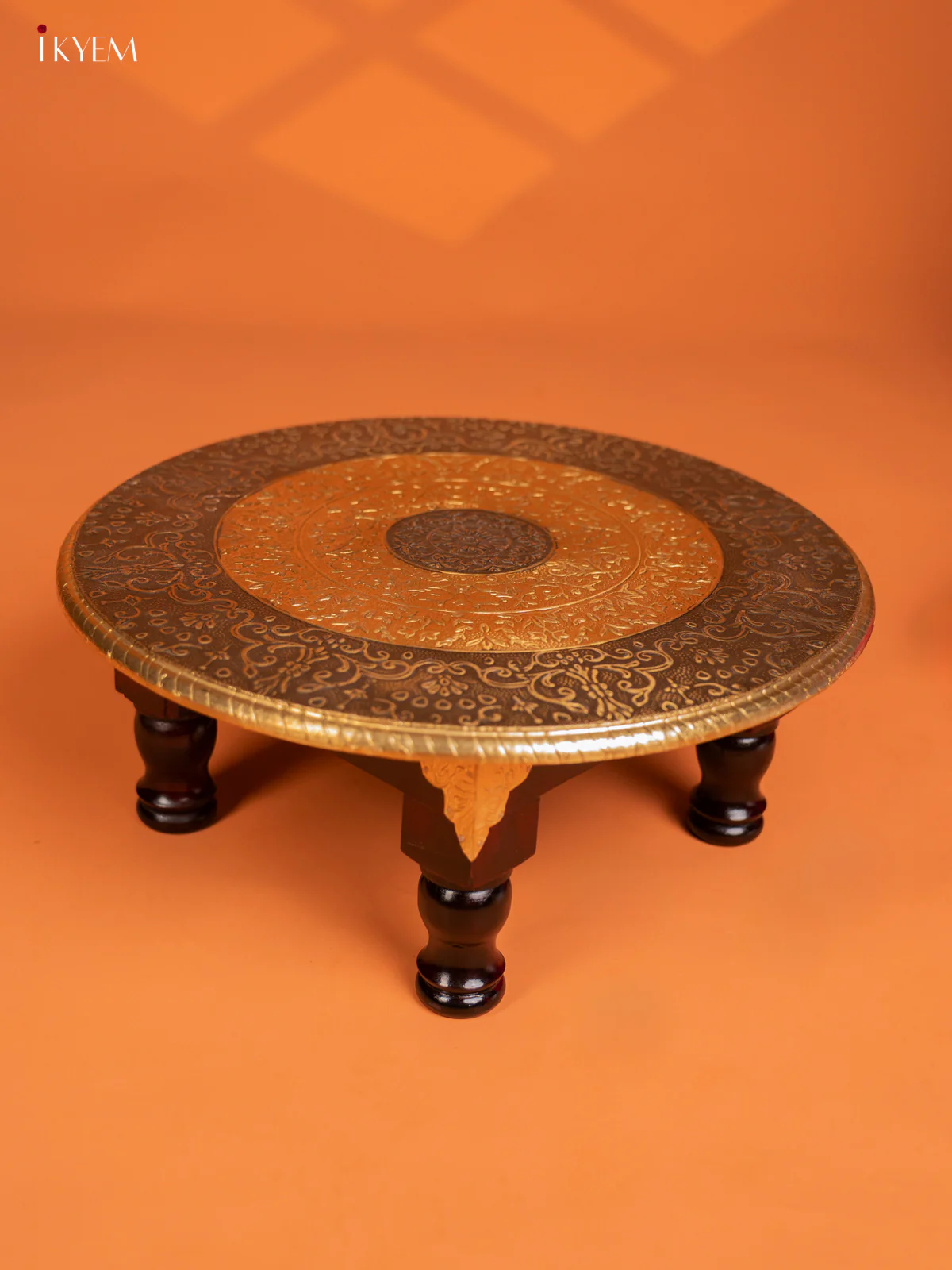 Brass Fitted Round Wooden Stool - 15Inch - KF14113