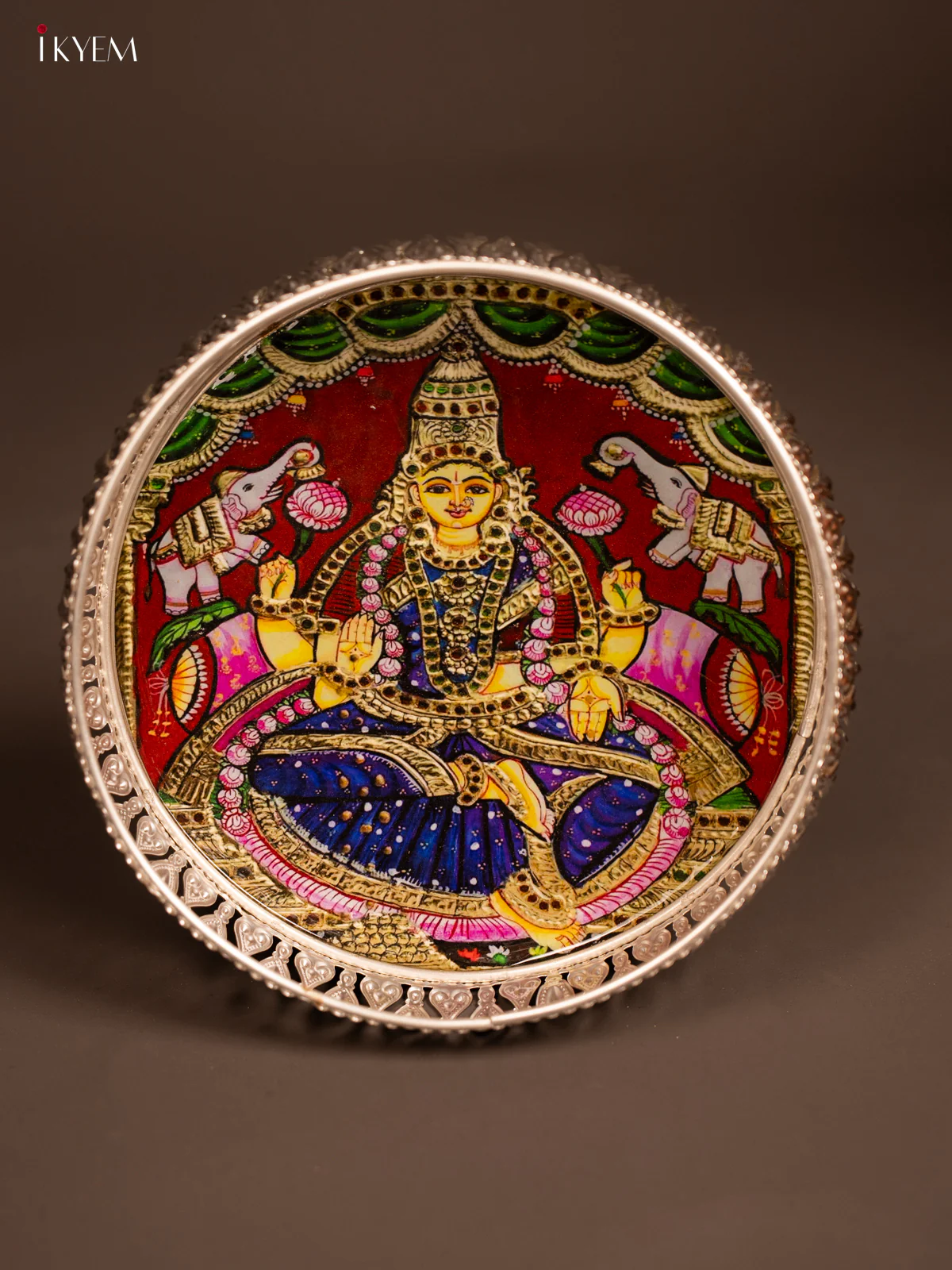 Digital Printed German Silver Tray - Gajalakshmi - 8 inch - KF21197