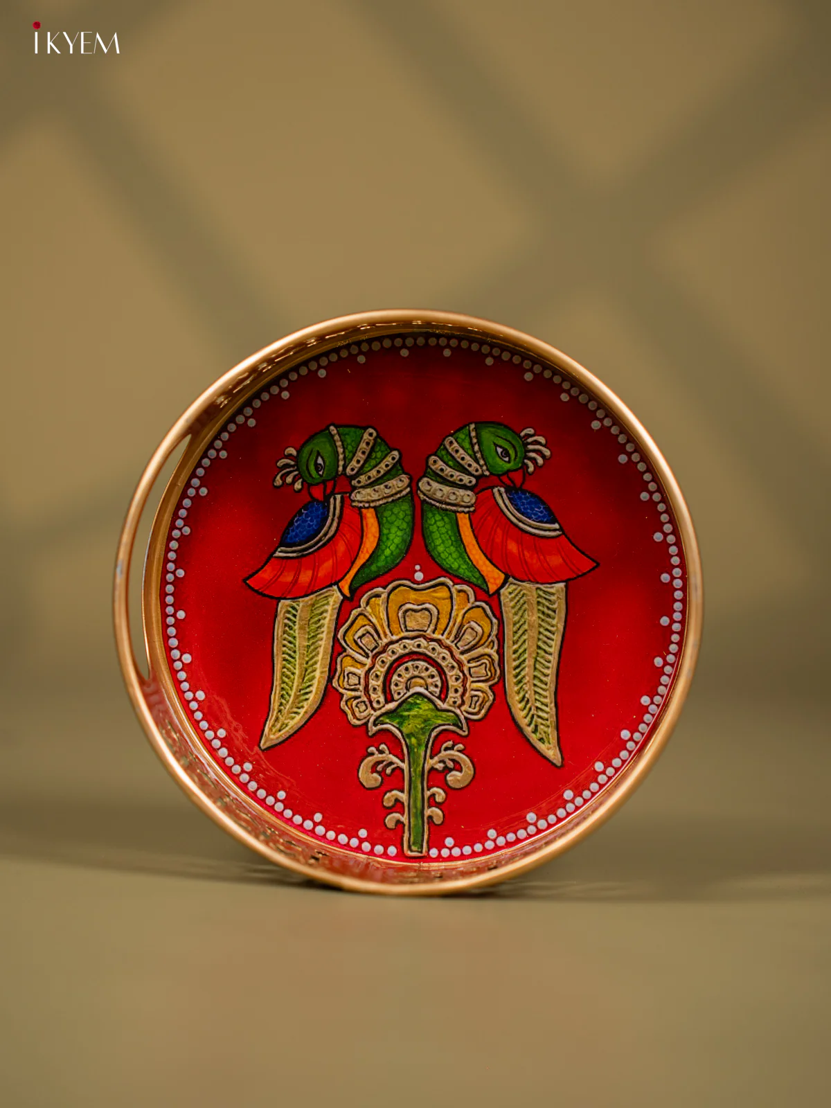 Twin Parrots & Flower Printed Round Metal Tray  - KF24118