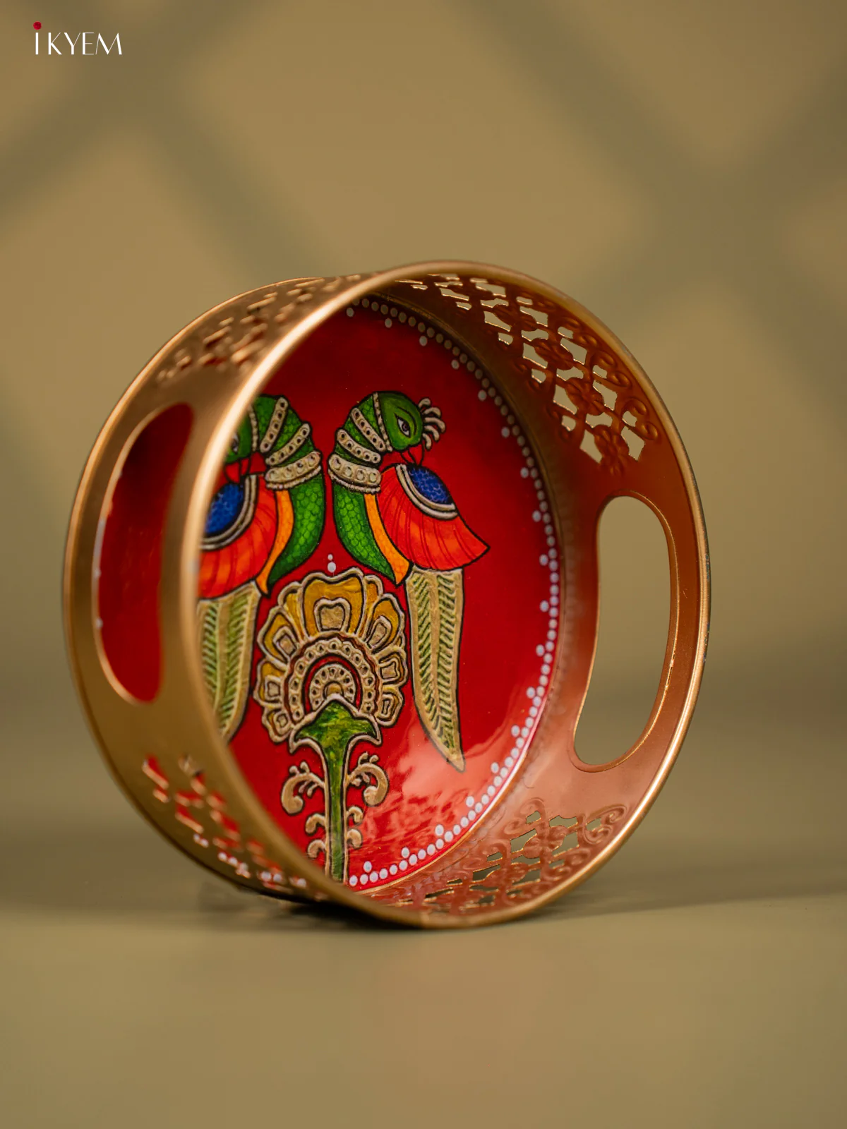 Twin Parrots & Flower Printed Round Metal Tray  - KF24118 - Image 2