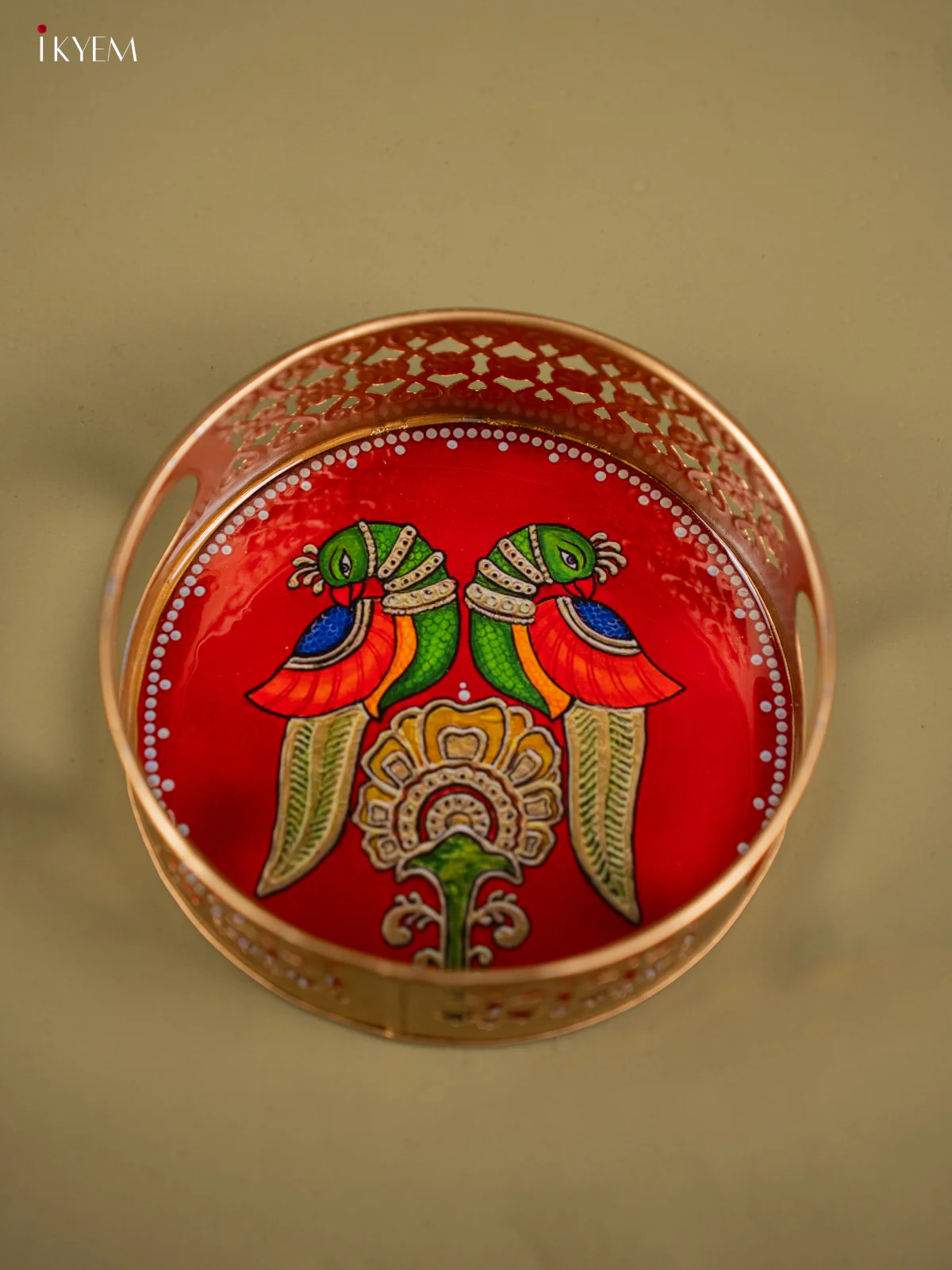 Twin Parrots & Flower Printed Round Metal Tray  - KF24118 - Image 4