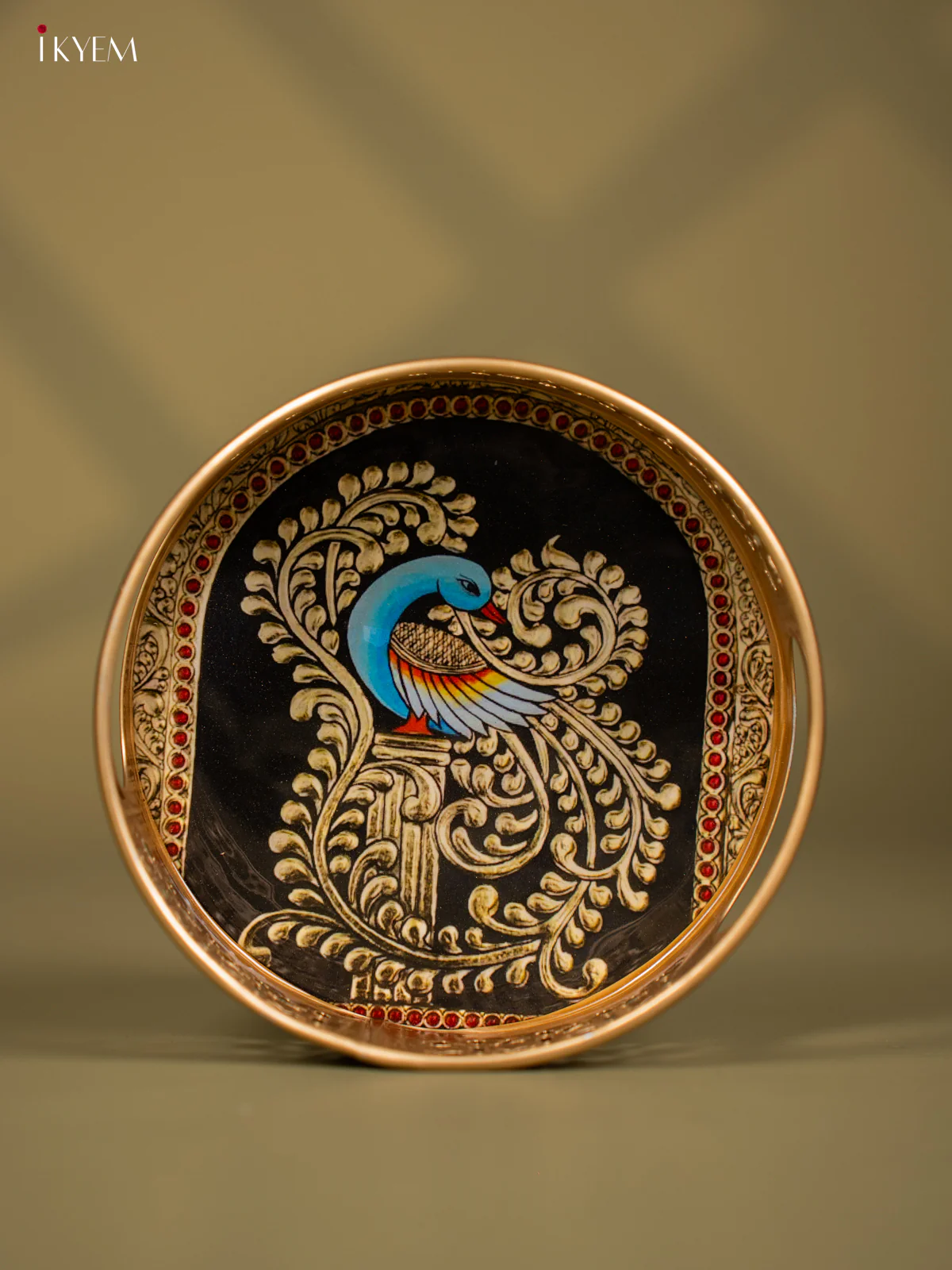 Beautiful Peacock Motif Printed Round Metal Tray  - KF24123