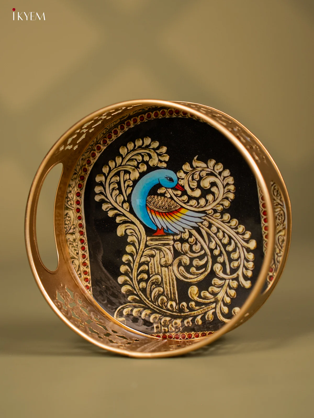 Beautiful Peacock Motif Printed Round Metal Tray  - KF24123 - Image 3