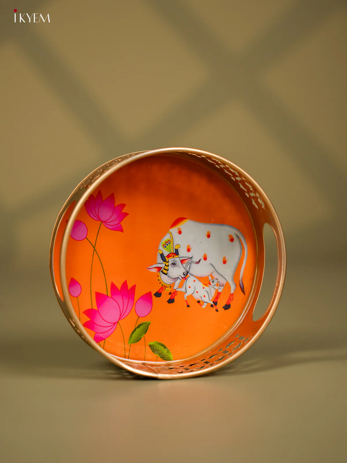 Orange Color Pichwai Cow & Calf Printed Round Metal Tray - KF24129