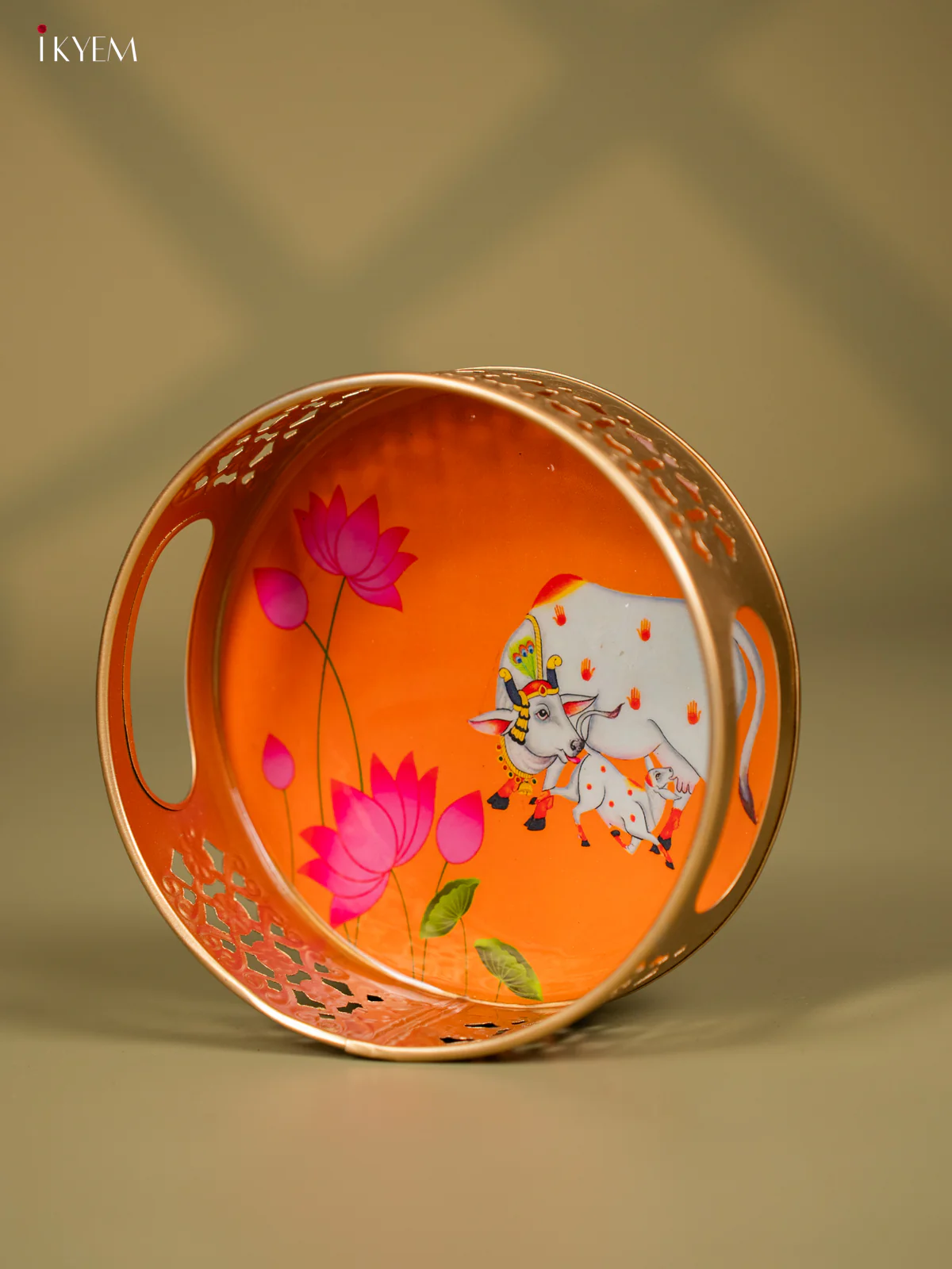 Orange Color Pichwai Cow & Calf Printed Round Metal Tray - KF24129 - Image 3