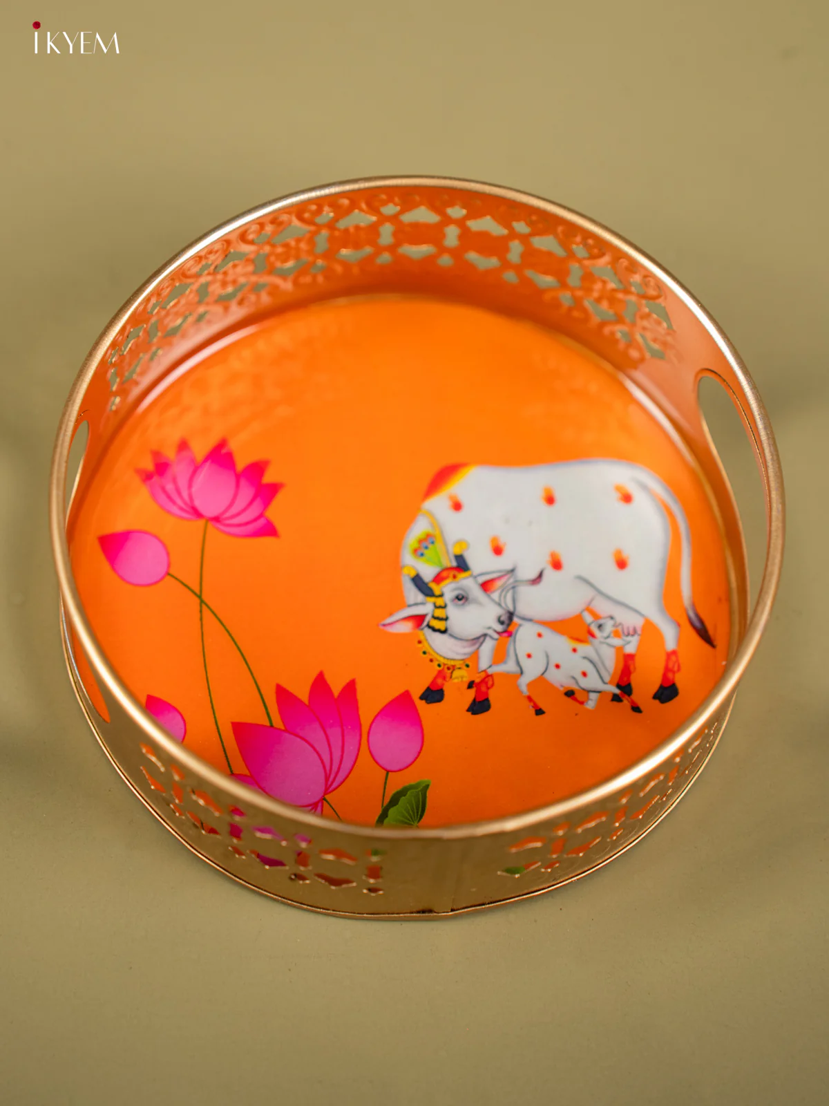 Orange Color Pichwai Cow & Calf Printed Round Metal Tray - KF24129 - Image 4