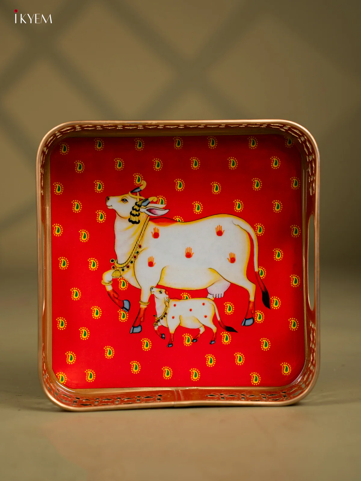 Metal Digital tray Square - Cow & Calf - Red - 8 Inch - KF24171