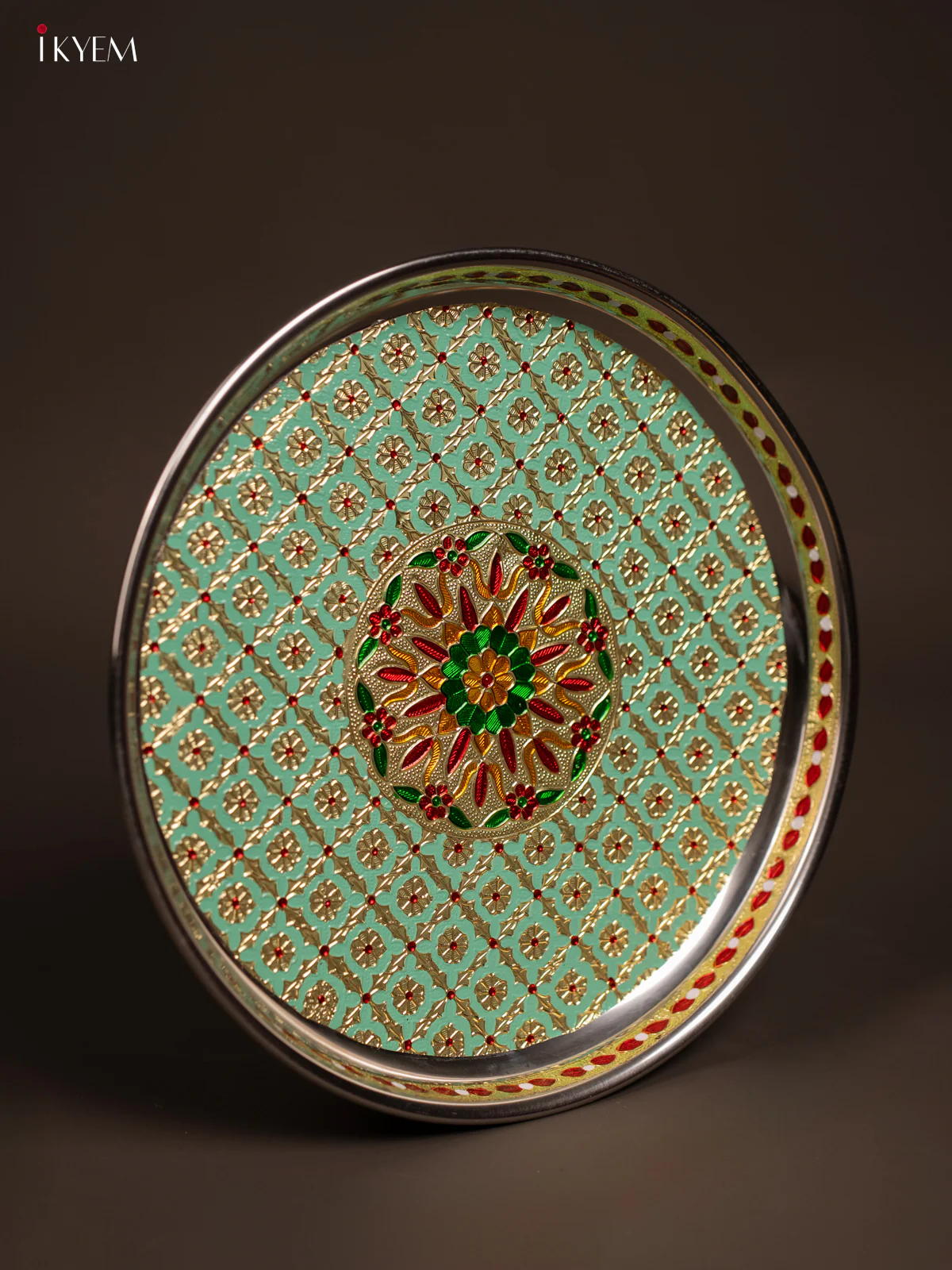Meenakari Round Plate - Green - (12.5x12.5) Inch - KF24232 - Image 2