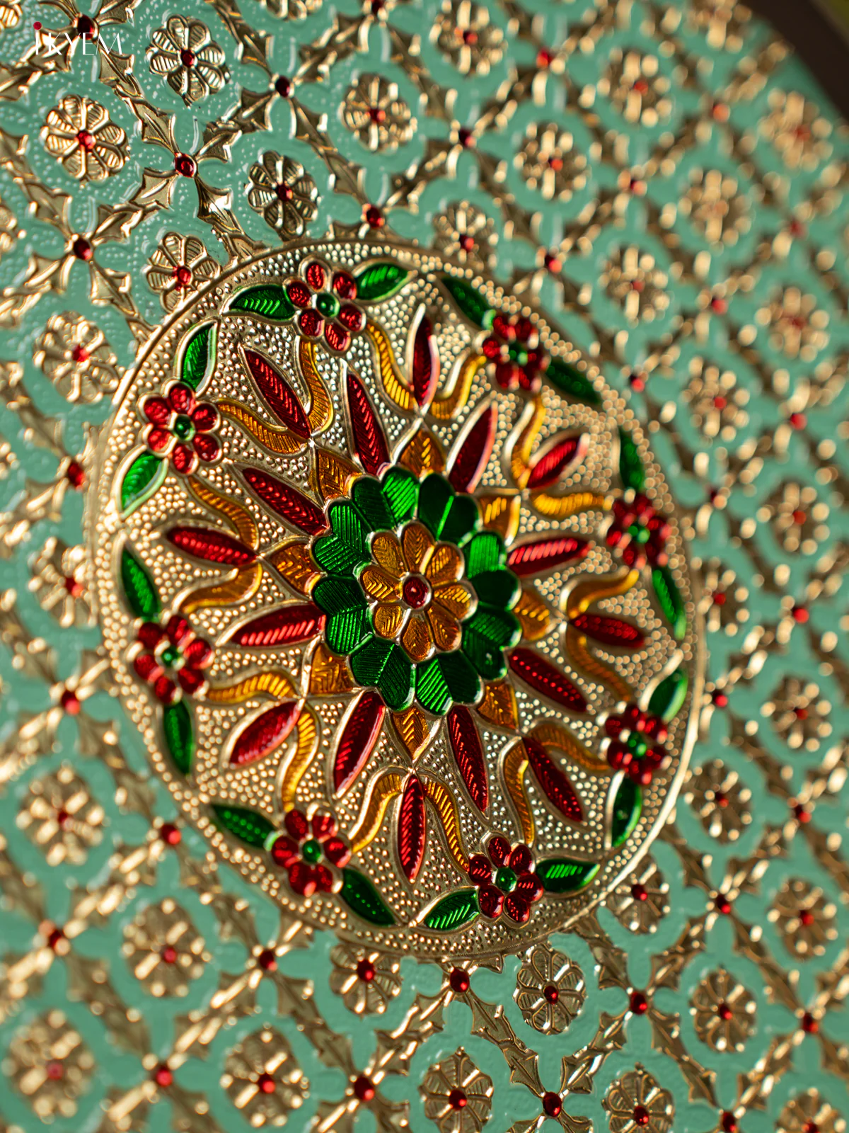 Meenakari Round Plate - Green - (12.5x12.5) Inch - KF24232 - Image 3