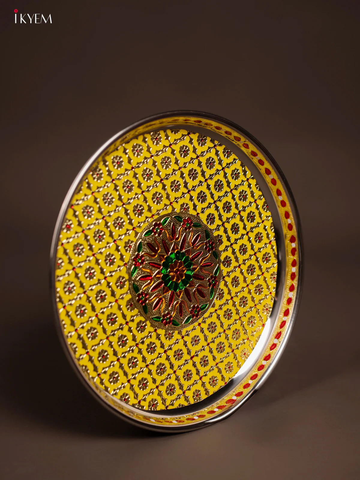 Meenakari Round Plate - Yellow -(12.5x12.5) Inch -KF24233 - Image 2