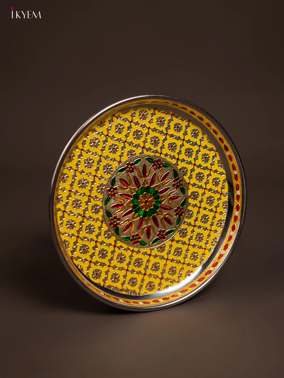 Meenakari Round Plate - Yellow -(10x10) Inch -KF24235 - Image 2
