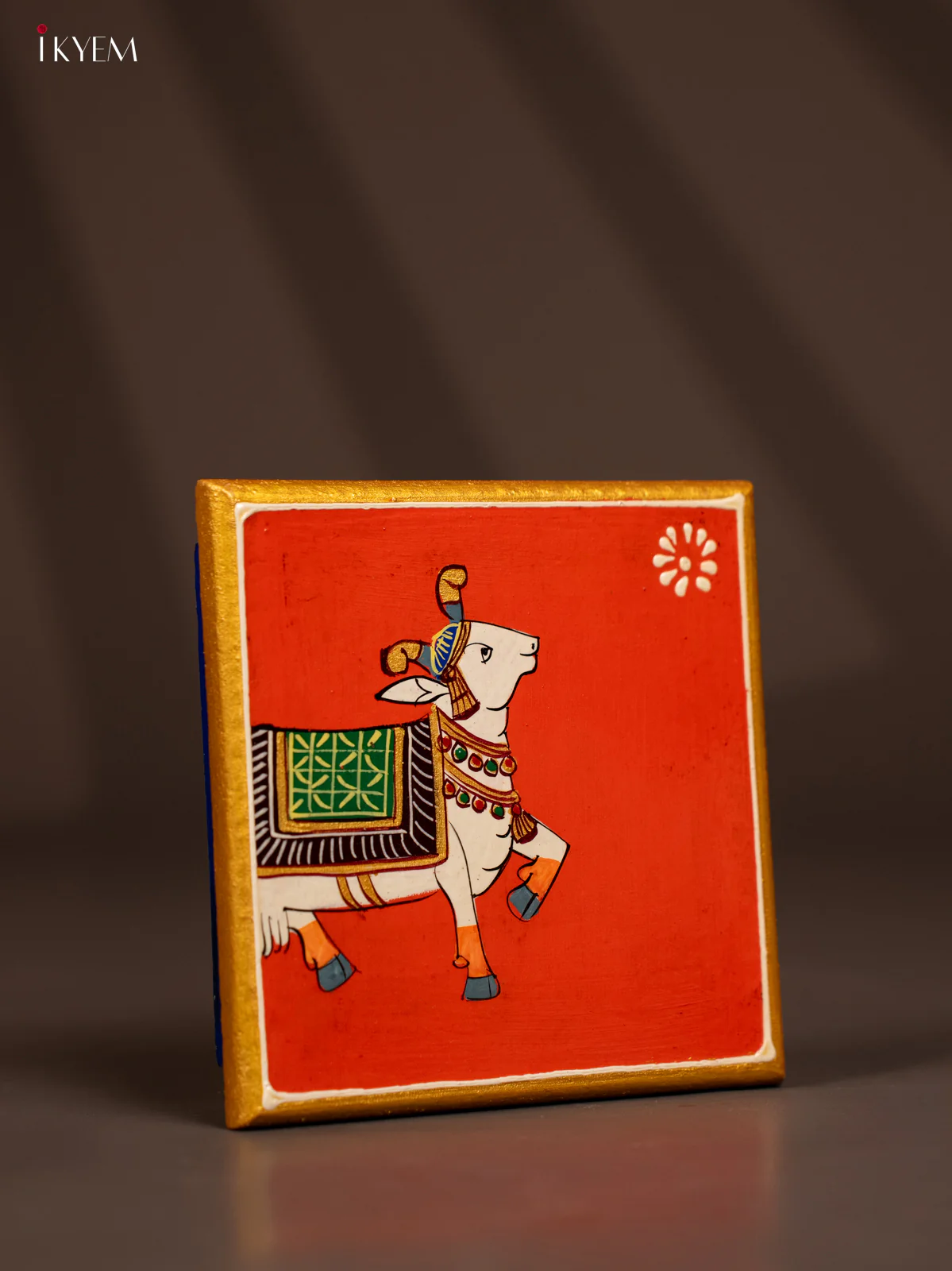 Traditional Orange Wooden Manai with Hand-Painted Cow - (6x6) - KF30157 - Image 2