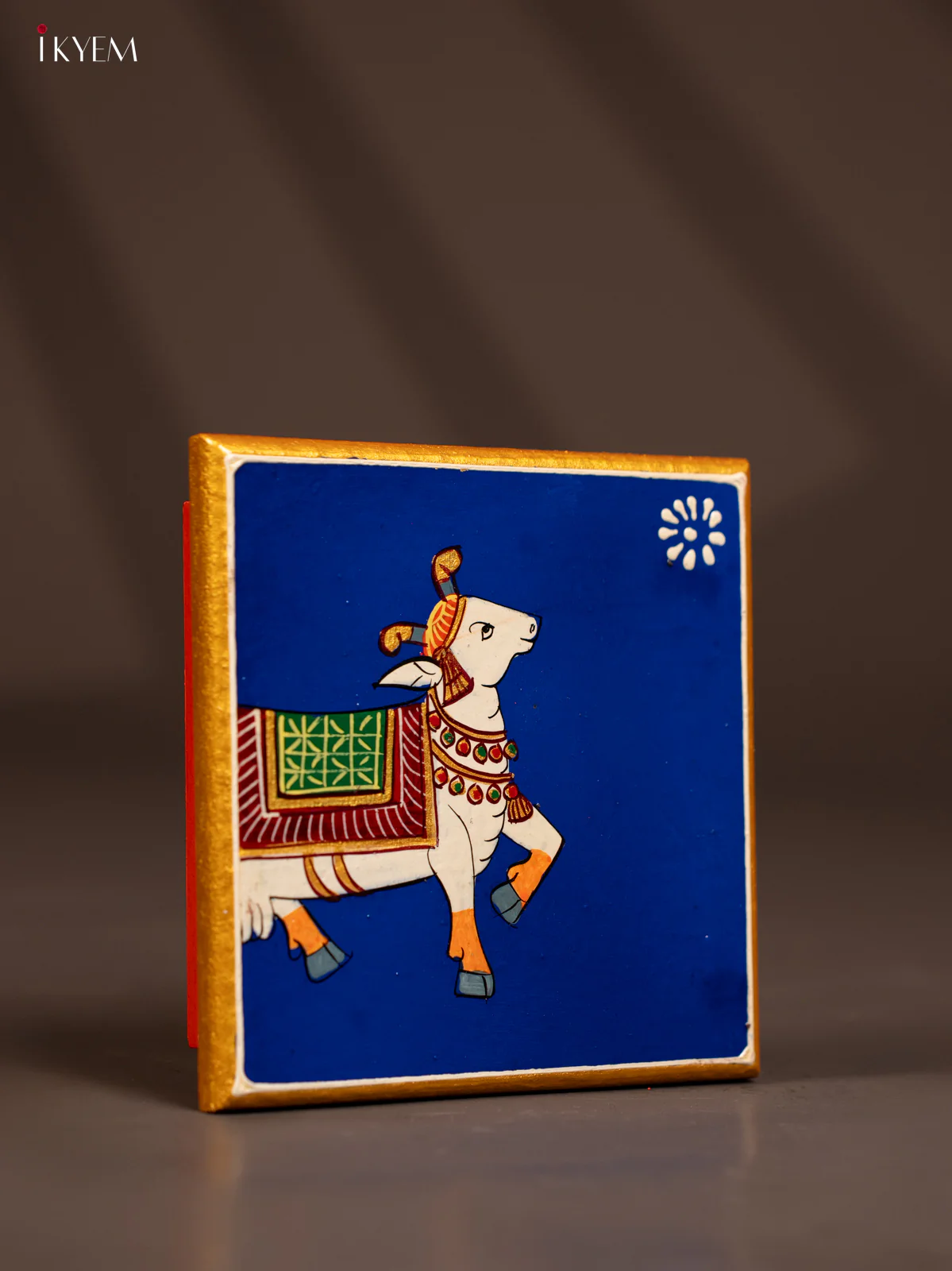 Traditional Blue Wooden Manai with Hand-Painted Cow - (6x6) - KF30159 - Image 2