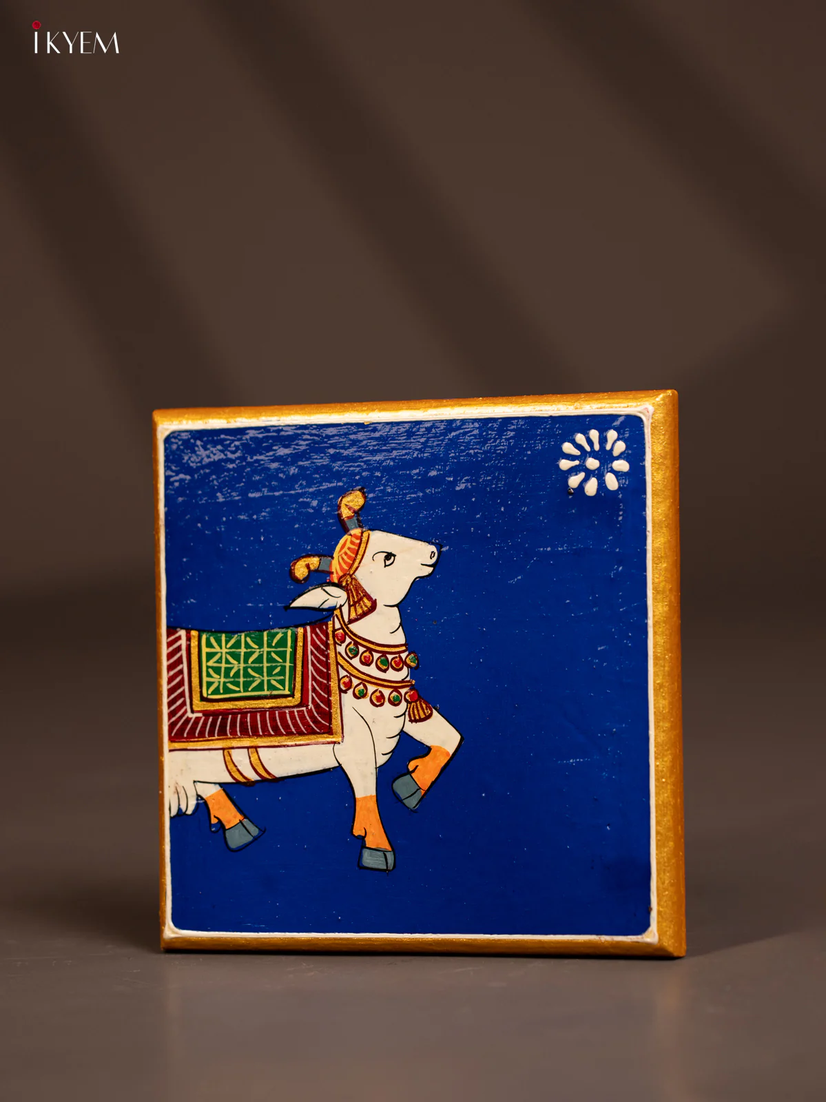 Traditional Blue Wooden Manai with Hand-Painted Cow - (6x6) - KF30159 - Image 3