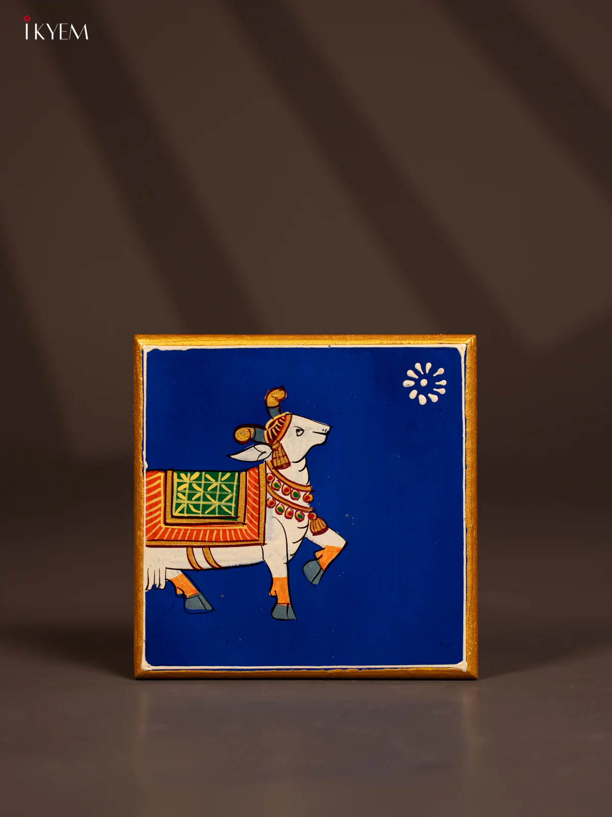 Traditional Blue Wooden Manai with Hand-Painted Cow - (6x6) - KF30160
