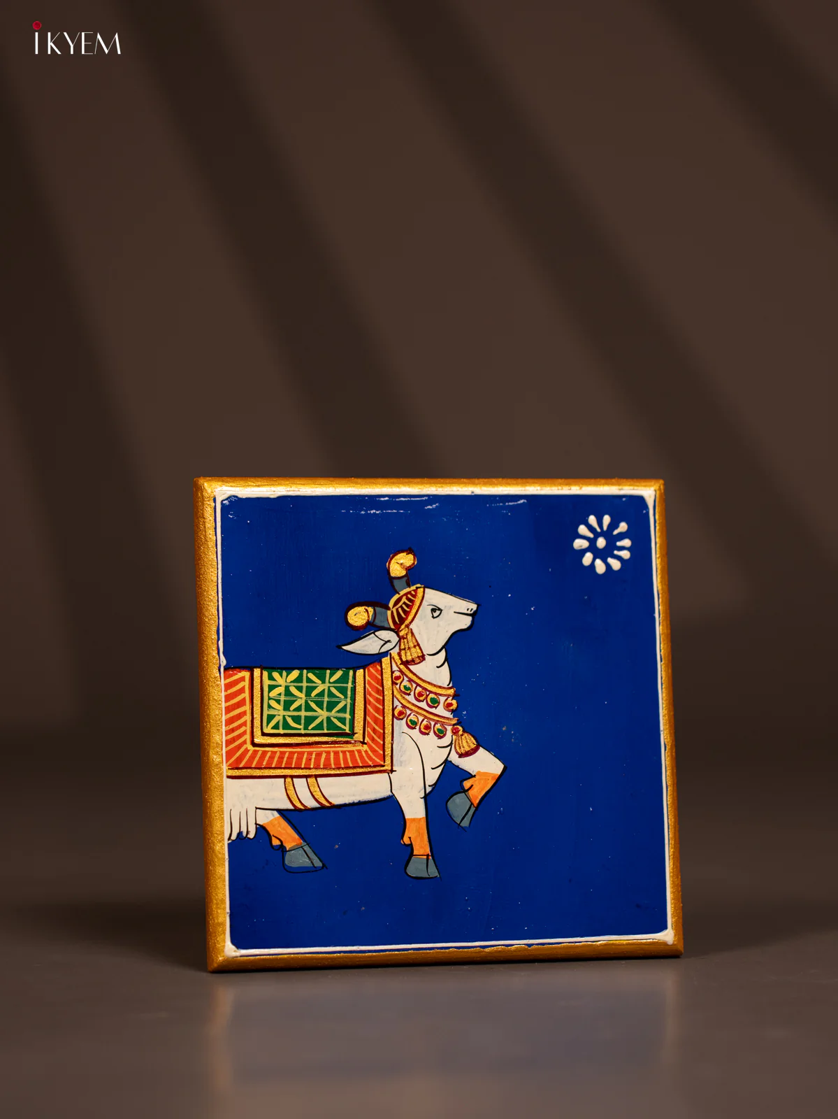 Traditional Blue Wooden Manai with Hand-Painted Cow - (6x6) - KF30160 - Image 2