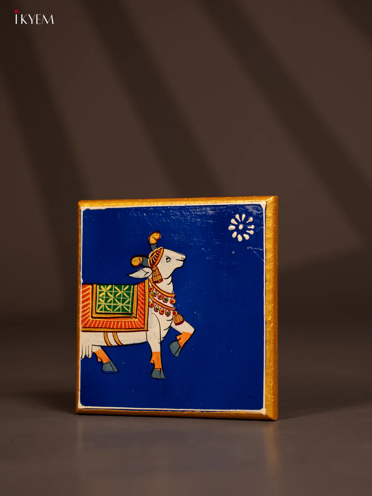 Traditional Blue Wooden Manai with Hand-Painted Cow - (6x6) - KF30160 - Image 3
