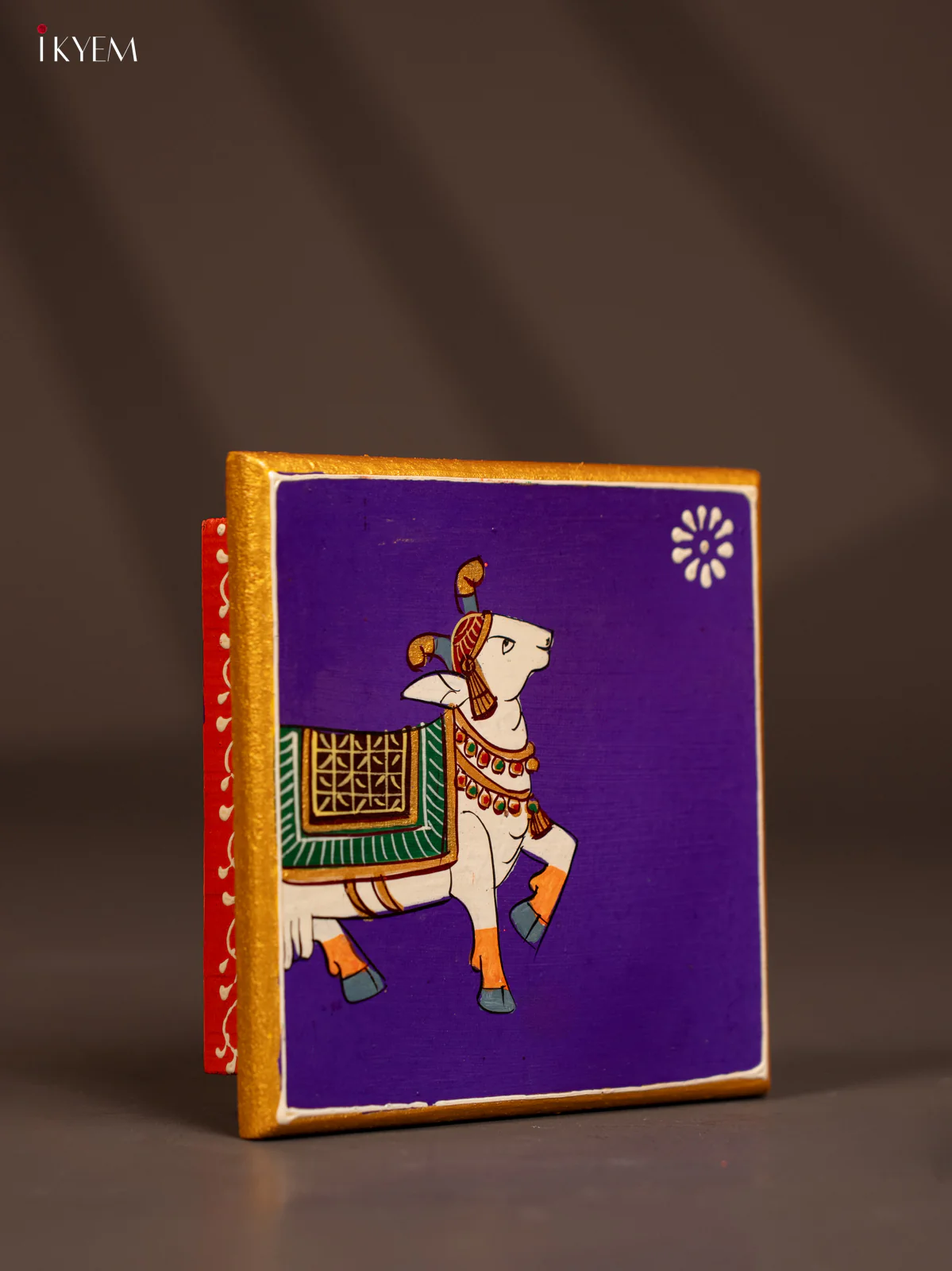 Cow Hand-Painted Wooden Chowki - Voilet -(6×6) Inches - KF30161 - Image 2