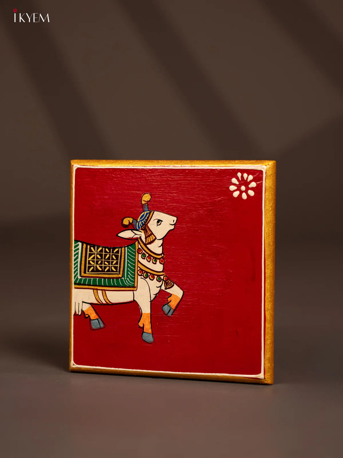 Traditional Maroon Wooden Manai with Hand-Painted Cow - (6x6) - KF30162 - Image 3