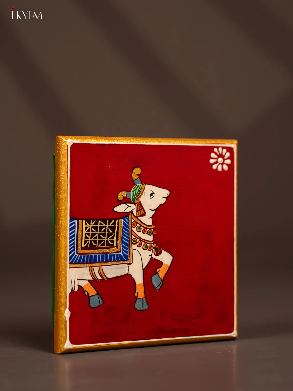 Traditional Maroon Wooden Manai with Hand-Painted Cow - (6x6) - KF30163 - Image 2