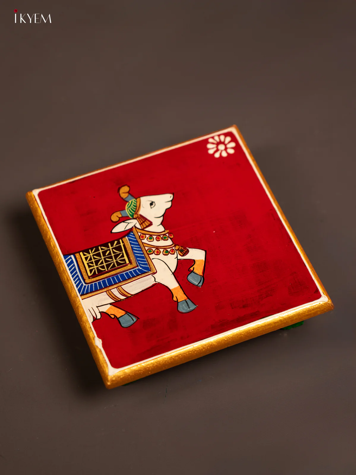 Traditional Maroon Wooden Manai with Hand-Painted Cow - (6x6) - KF30163 - Image 4