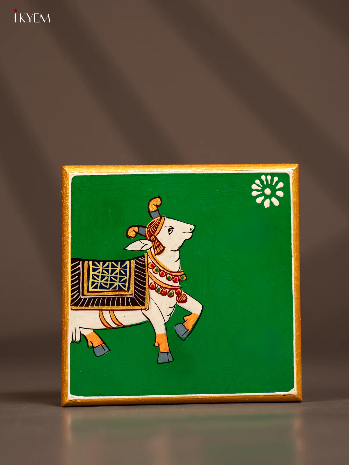 Traditional Green Wooden Manai with Hand-Painted Cow - (6x6) - KF30164